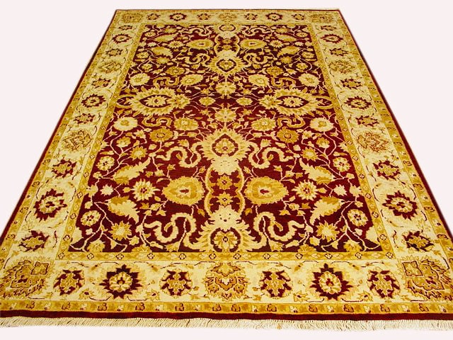 6' x 9' Burgundy Gold Handmade Agra Rug Elegant Wool Decor: 6' x 9' Burgundy Gold Handmade Agra Rug Elegant Wool Decor Free continental US Shipping Introducing the 6' x 9' Burgundy Gold Handmade Agra Rug, a luxurious addition to your home decor that seamlessly
