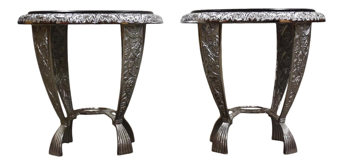 Seville Studios Art Deco Round End Tables Pair with Granite Tops: Seville Studios Art Deco Round End Tables Pair with Granite Tops This stunning pair of Art Deco modern round end tables showcases exquisite craftsmanship with polished cast metal construction by Sevil