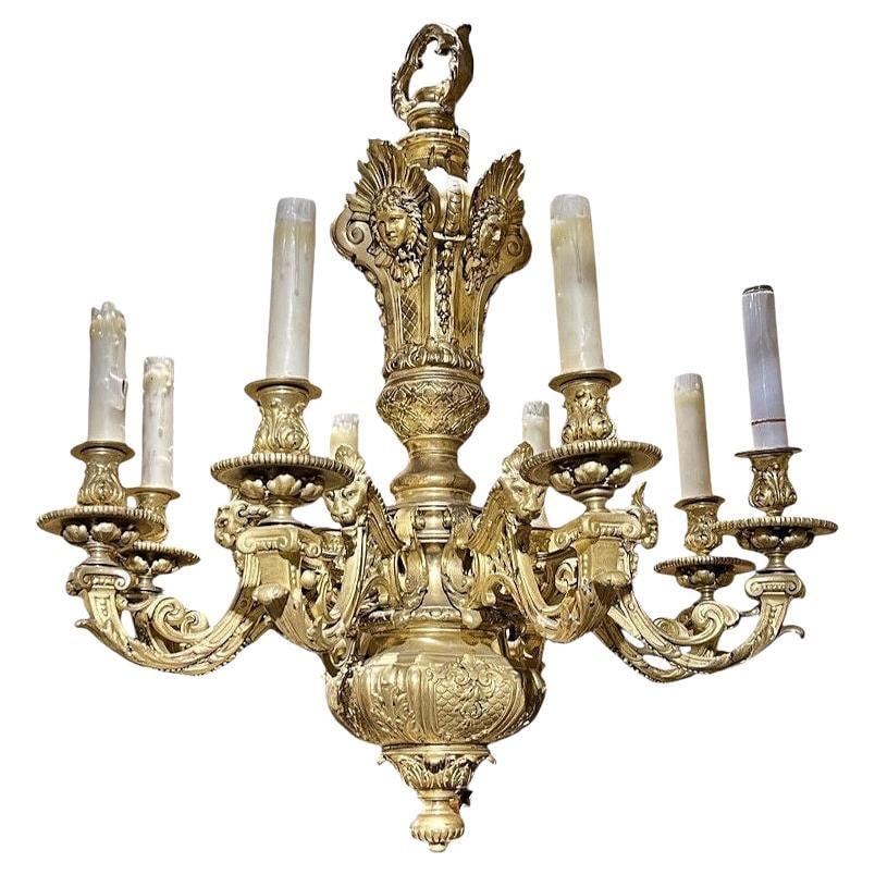 French Louis XIV Style Gilt Bronze Eight Light Chandelier Circa 1880: French Louis XIV Style Gilt Bronze Eight Light Chandelier Circa 1880 This antique French chandelier is crafted in the Louis XIV style and made from gilt bronze. Dating to the late 19th century, it is 