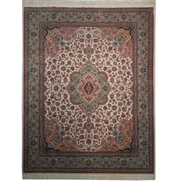 8 x 10 Handwoven Wool Silk Sino Tabriz Rug Ivory Green Traditional Design (1 of 6)