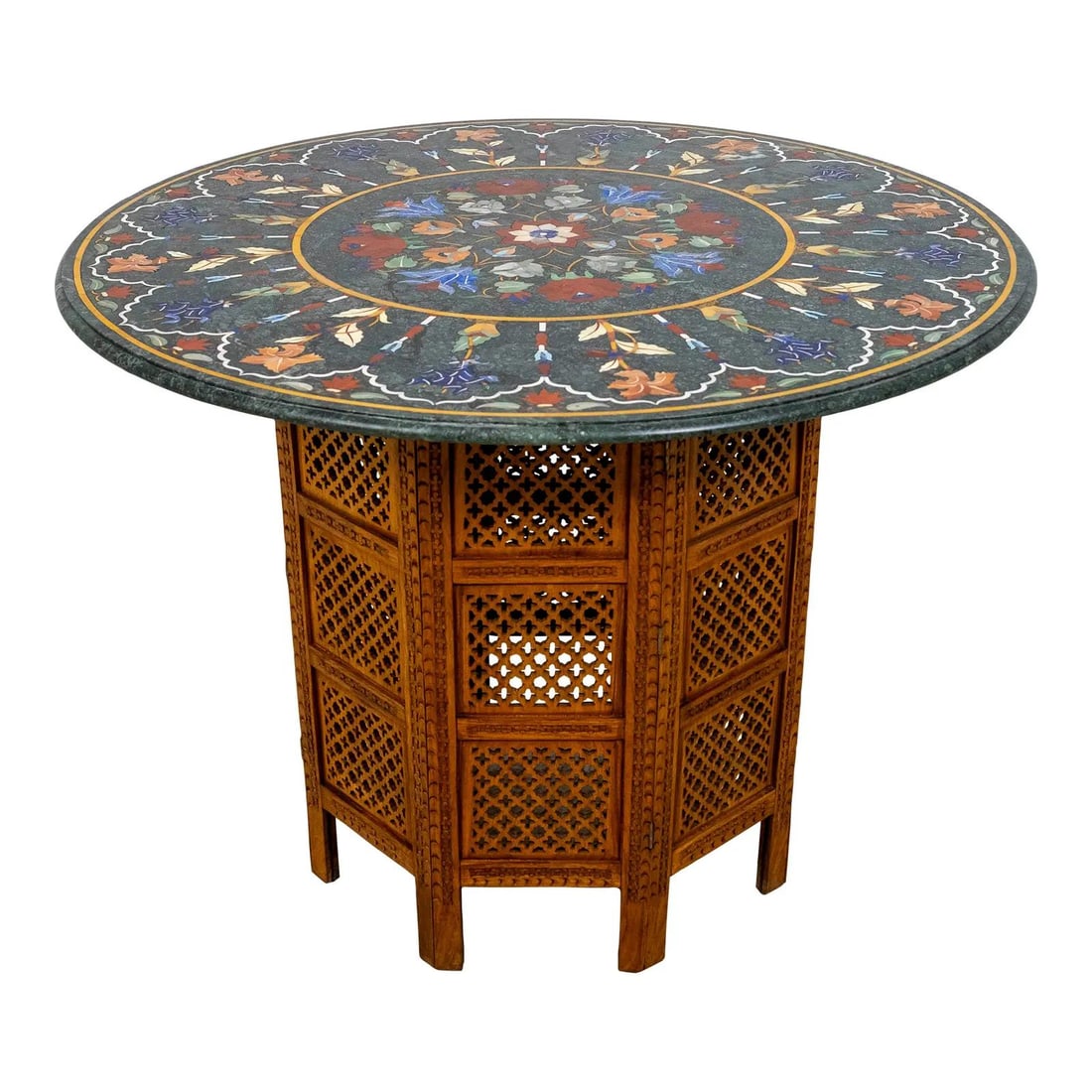 Stunning Pietra Dura Inlaid Marble Top Anglo Indian Table: Stunning Pietra Dura Inlaid Marble Top Anglo Indian Table This exquisite Anglo Indian center table features a stunning Pietra Dura inlaid marble top, showcasing intricate craftsmanship and detail. The