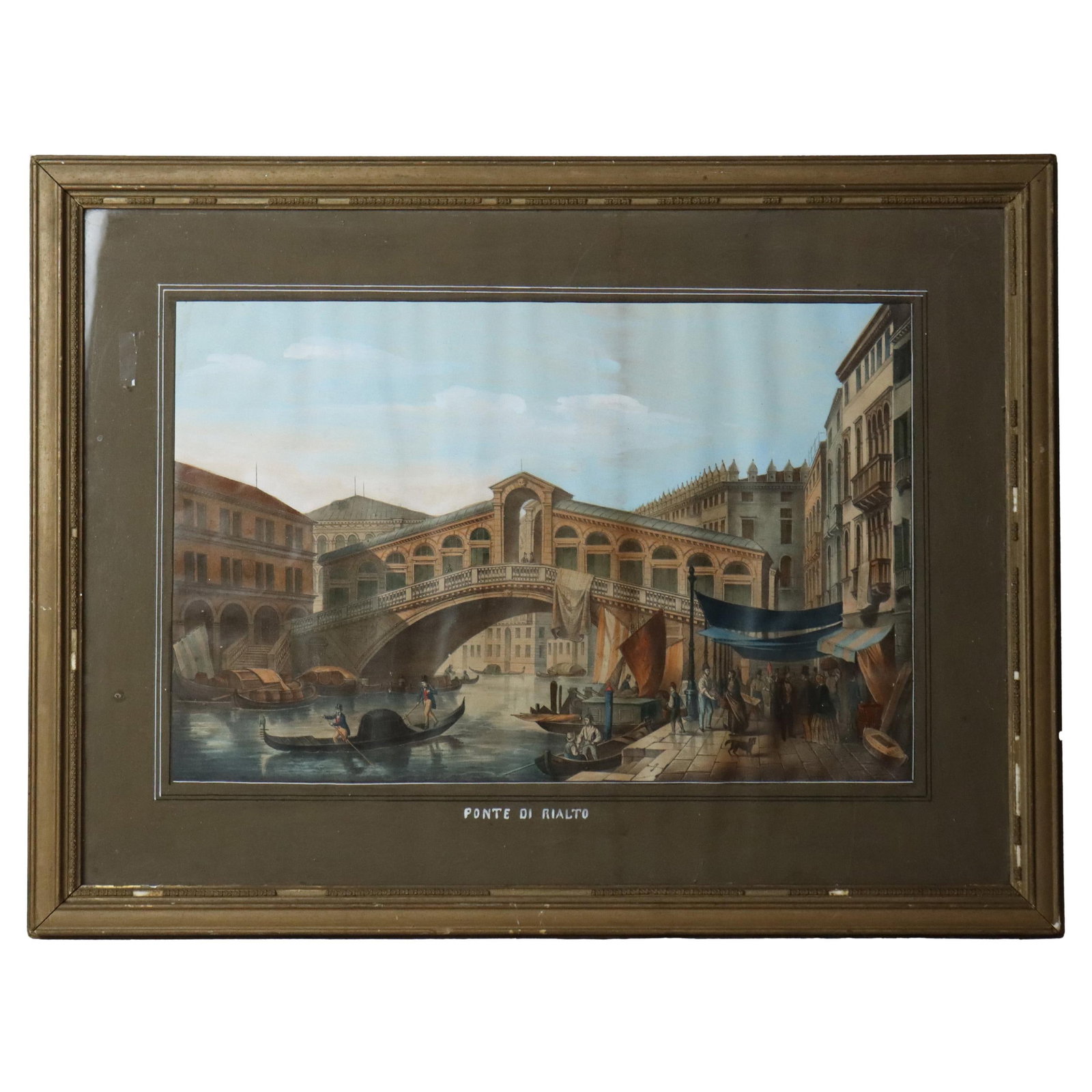 Framed Antique Italian Print of Ponte De Rialto C1890: Framed Antique Italian Print of Ponte De Rialto C1890 This exquisite antique Italian print, titled "Ponte De Rialto", captures the vibrant life surrounding Venice's iconic bridge, elegantly framed and