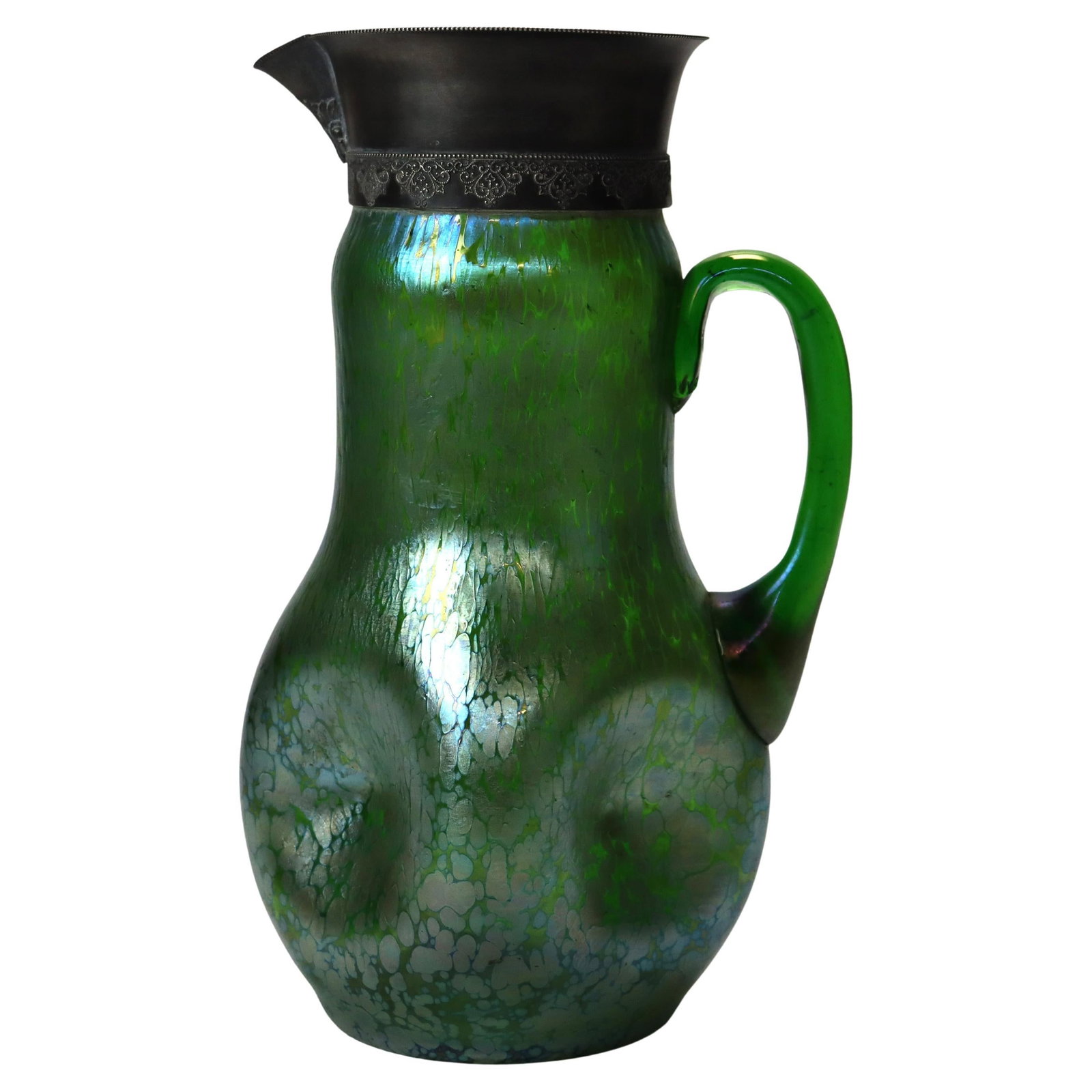 Creta Papillon Green Oil Spot Glass Pitcher with Sterling Silver Rim c1920: Creta Papillon Green Oil Spot Glass Pitcher with Sterling Silver Rim c1920 This antique Loetz attributed Creta Papillon art glass pitcher features a striking green oil spot design with a metallic, shi