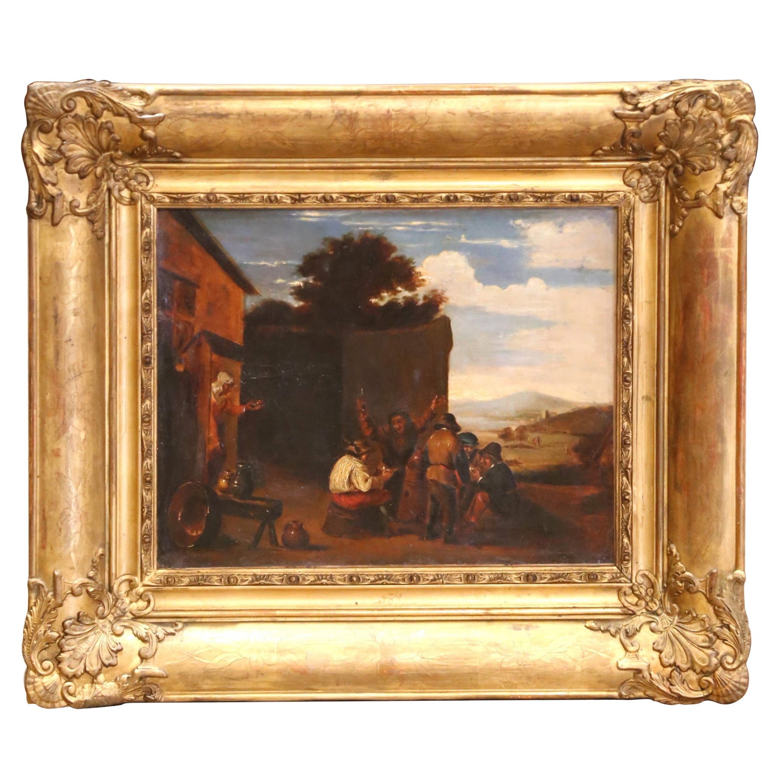 19th Century Flemish Oil Painting in Gilt Frame by Teniers: 19th Century Flemish Oil Painting in Gilt Frame by Teniers Experience the charm of 19th-century Flemish art with this exquisite oil on canvas painting, reminiscent of the works of David Teniers the Yo