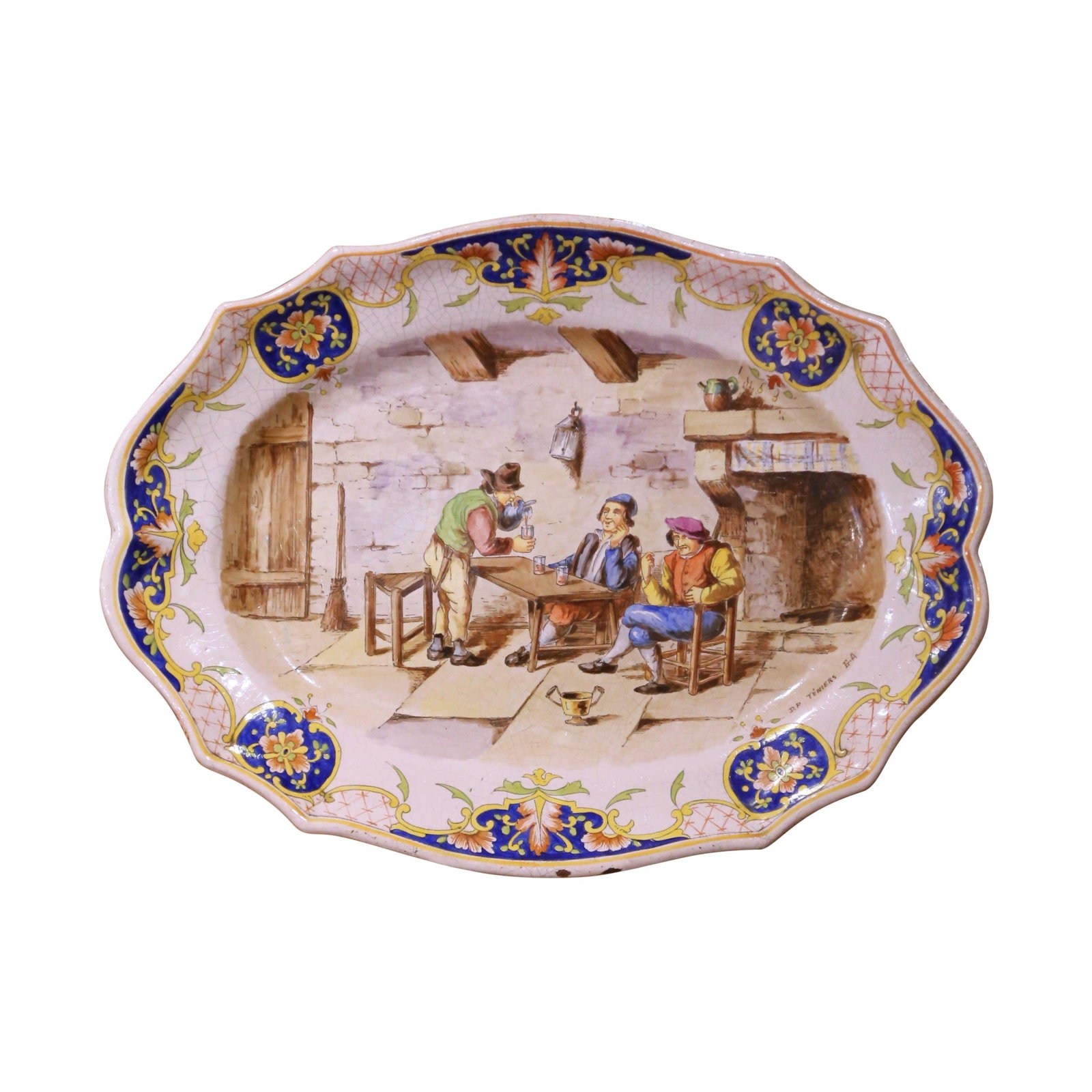 French Desvres Faience Tavern Scene Platter Signed After Teniers 19th Century: French Desvres Faience Tavern Scene Platter Signed After Teniers 19th Century This late 19th-century French faience platter, attributed to Desvres and crafted circa 1880, features a hand-painted taver