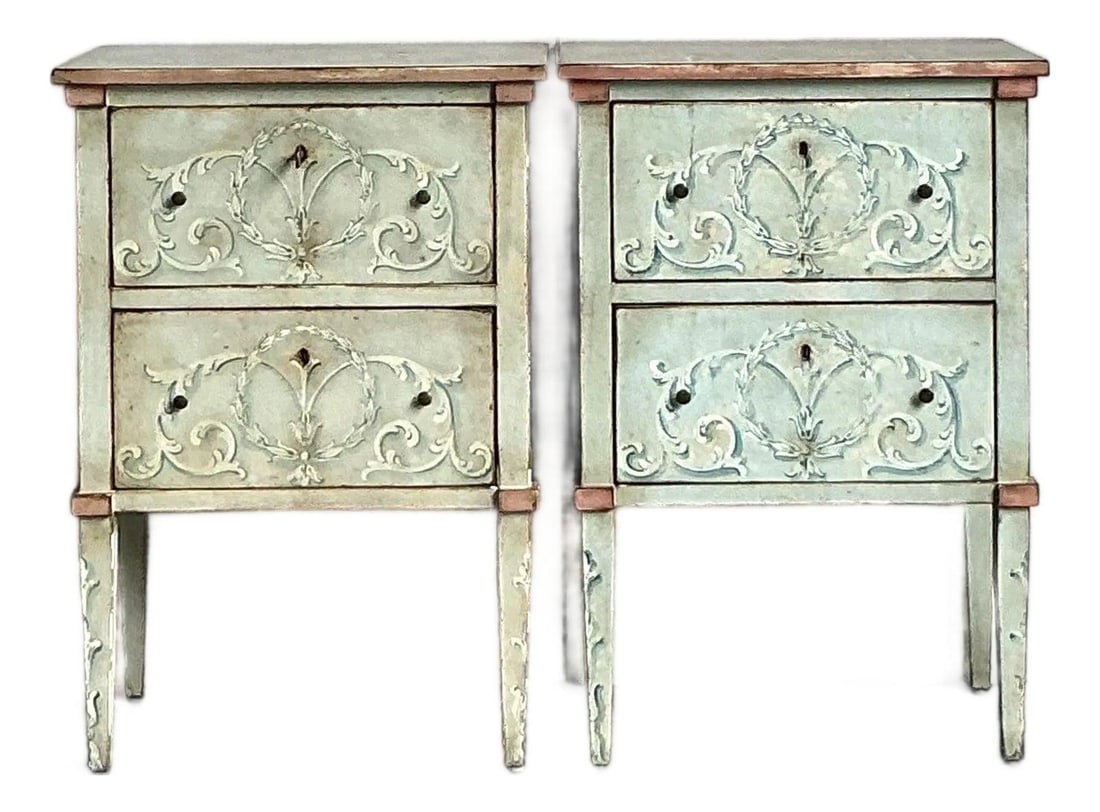 Pair of Hand Painted Italian Regency Nightstands with Neoclassical Details Set of 2: Pair of Hand Painted Italian Regency Nightstands with Neoclassical Details Set of 2 This pair of vintage Italian Regency nightstands from the mid-20th century features beautifully hand-painted details