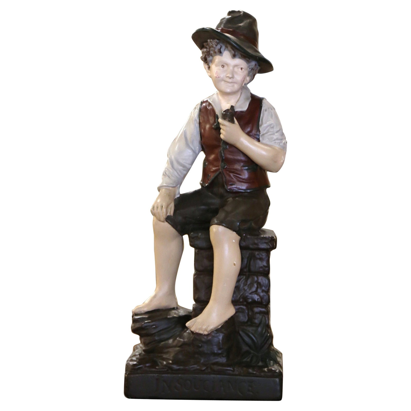 French Mid-20th Century Polychrome Terracotta Figure Insouciance Boy: French Mid-20th Century Polychrome Terracotta Figure Insouciance Boy This mid-century French terracotta figurine, titled "Insouciance," features a hand-crafted and hand-painted depiction of a young bo