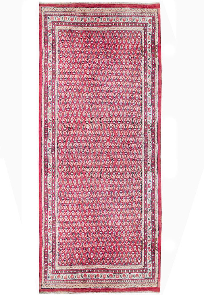 Handcrafted 4'3 x 10'4 Red Persian Sarouk Mir Runner Rug: Handcrafted 4'3 x 10'4 Red Persian Sarouk Mir Runner Rug Free continental US Shipping Enhance your home with the exquisite 4'3" x 10'4" Red Persian Sarouk Mir Runner, handcrafted by skilled artisans f
