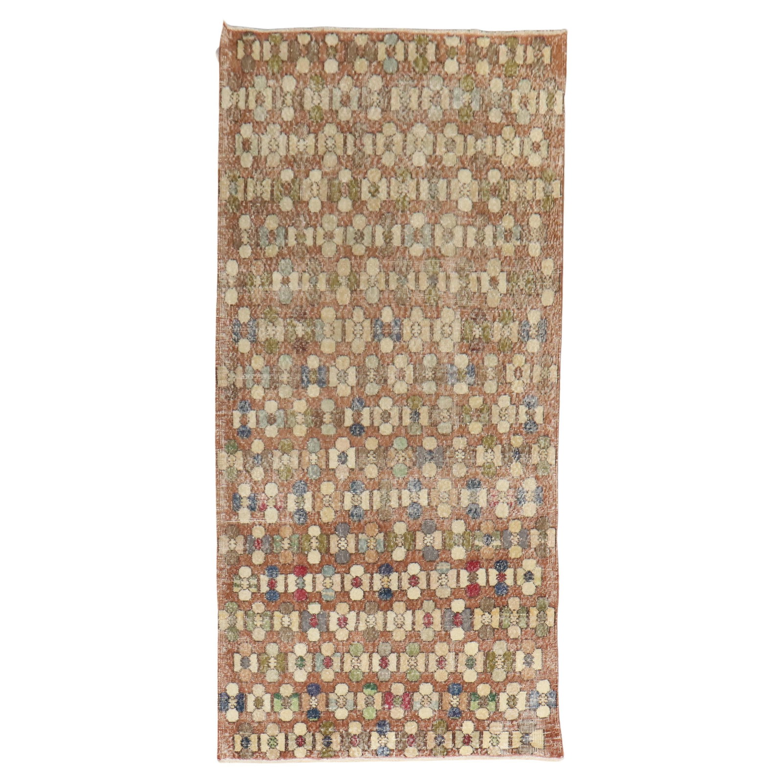 Mid-Century Modern Wool Turkish Deco Runner Rug 3'10" x 8'3": Mid-Century Modern Wool Turkish Deco Runner Rug 3'10" x 8'3" Discover the charm of this vintage Turkish Art Deco runner, showcasing a stunning all-over borderless design in rustic tones. Hand-knotted 