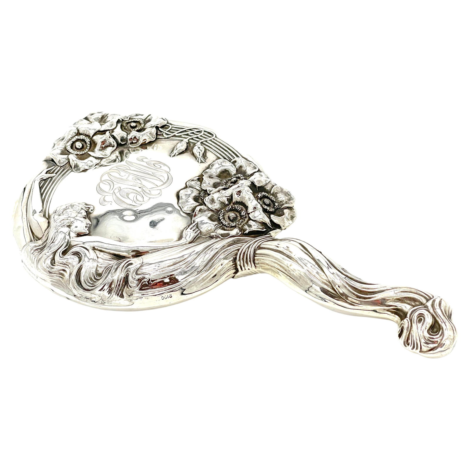 Unger Brothers 1903 Art Nouveau Sterling Silver Hand Mirror 'Reine des Fleurs': Unger Brothers 1903 Art Nouveau Sterling Silver Hand Mirror 'Reine des Fleurs' This exquisite Art Nouveau sterling hand mirror, titled 'Reine des Fleurs' (Queen of the Flowers), was crafted by Unger B