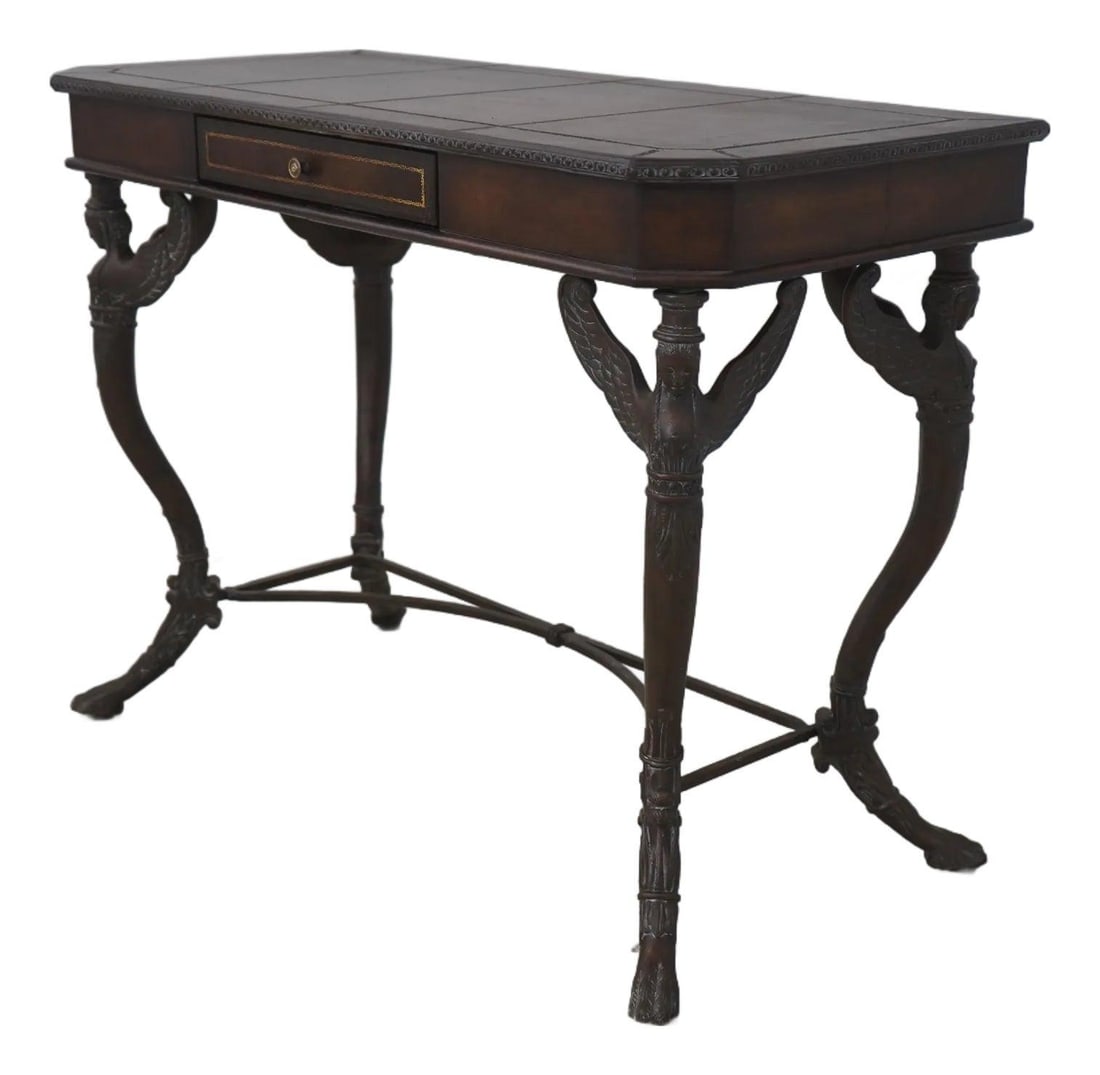 Tooled Leather Console Table with Metal Winged Figural Legs and Single Drawer: Tooled Leather Console Table with Metal Winged Figural Legs and Single Drawer This console table features a quality tooled leather top and a metal base with winged figural legs. It includes one drawer