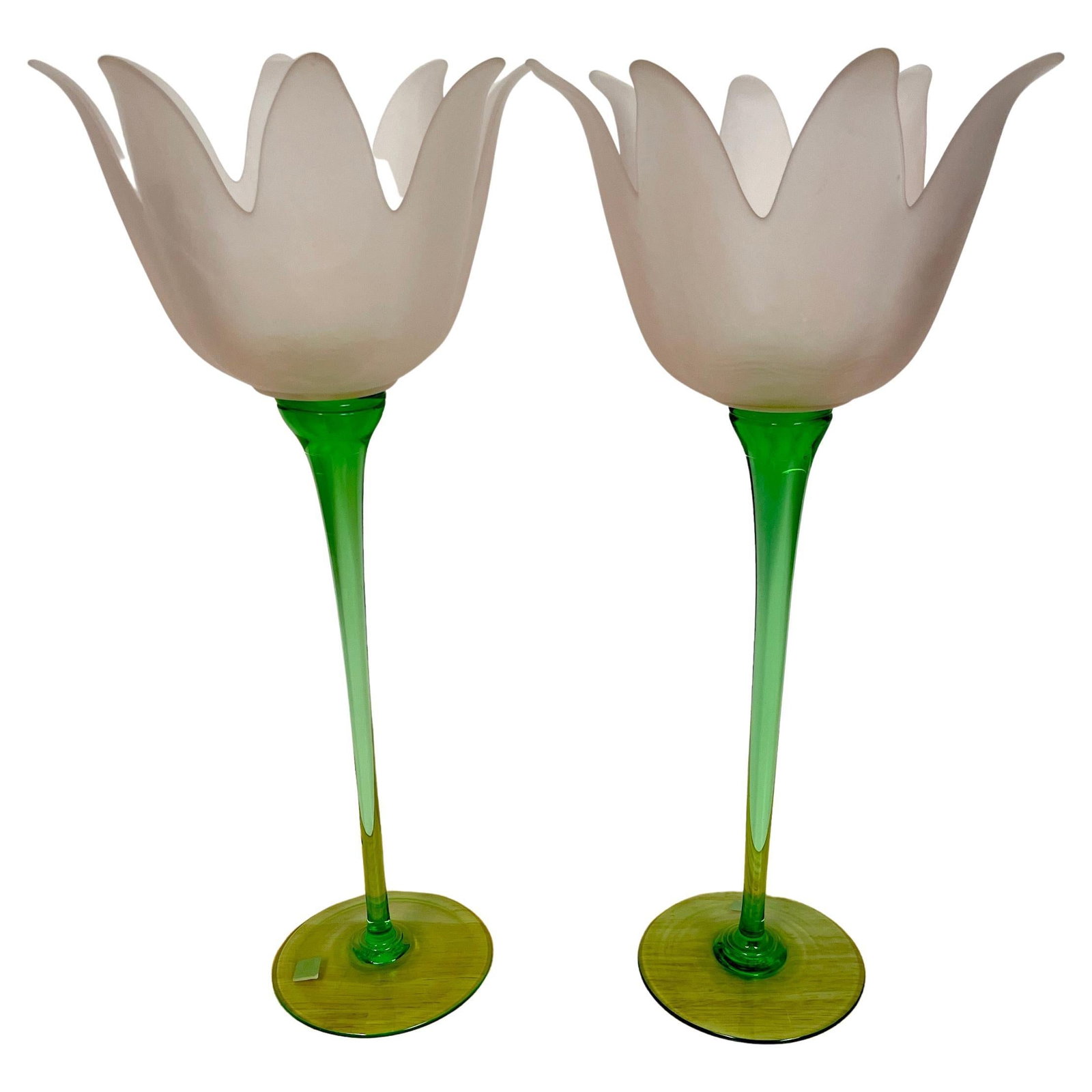 Mid-Century Modern Italian Murano Glass Tulip Vases Candlesticks Set of 2: Mid-Century Modern Italian Murano Glass Tulip Vases Candlesticks Set of 2 This stunning pair of large Italian Murano glass figural tulip vases or candlesticks is a remarkable example of 1970s design. 