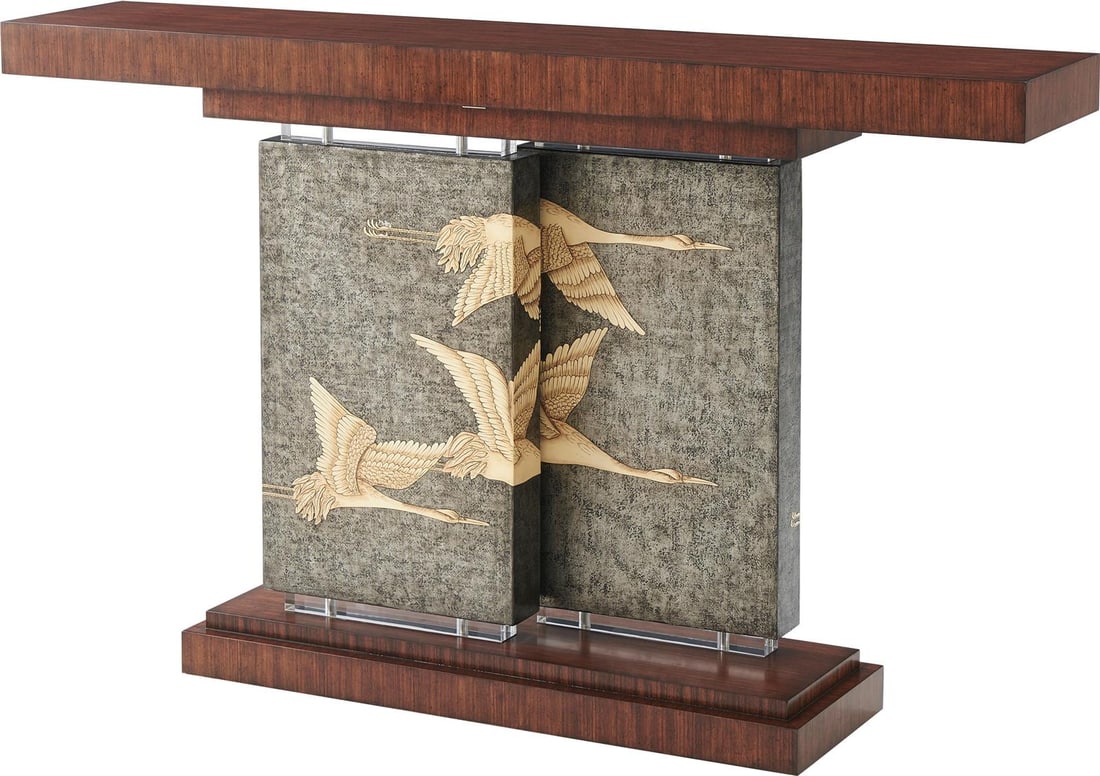 Theodore Alexander Crane Console Table Decor Pewter Argento 60": Theodore Alexander Crane Console Table Decor Pewter Argento 60" Elevate your living space with the Hyedua Veneer Crane Console Table, a stunning piece by Theodore Alexander. This elegant console table