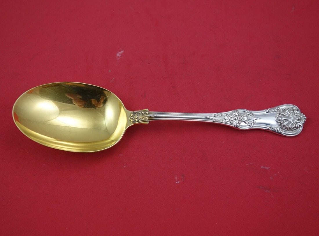 Tiffany & Co English King Sterling Silver Vegetable Serving Spoon 8 7/8" Gold Wash: Tiffany & Co English King Sterling Silver Vegetable Serving Spoon 8 7/8" Gold Wash This exquisite vegetable serving spoon is a remarkable piece from Tiffany & Co., crafted in the renowned English King