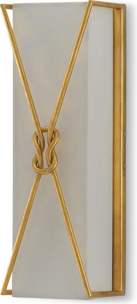 Currey Ariadne Gold Leaf Wall Sconce with Off-White Shade: Currey Ariadne Gold Leaf Wall Sconce with Off-White Shade Illuminate your space with this Elegant Gold Leaf Wall Sconce featuring a sophisticated off-white fabric shade. This transitional-style wall s