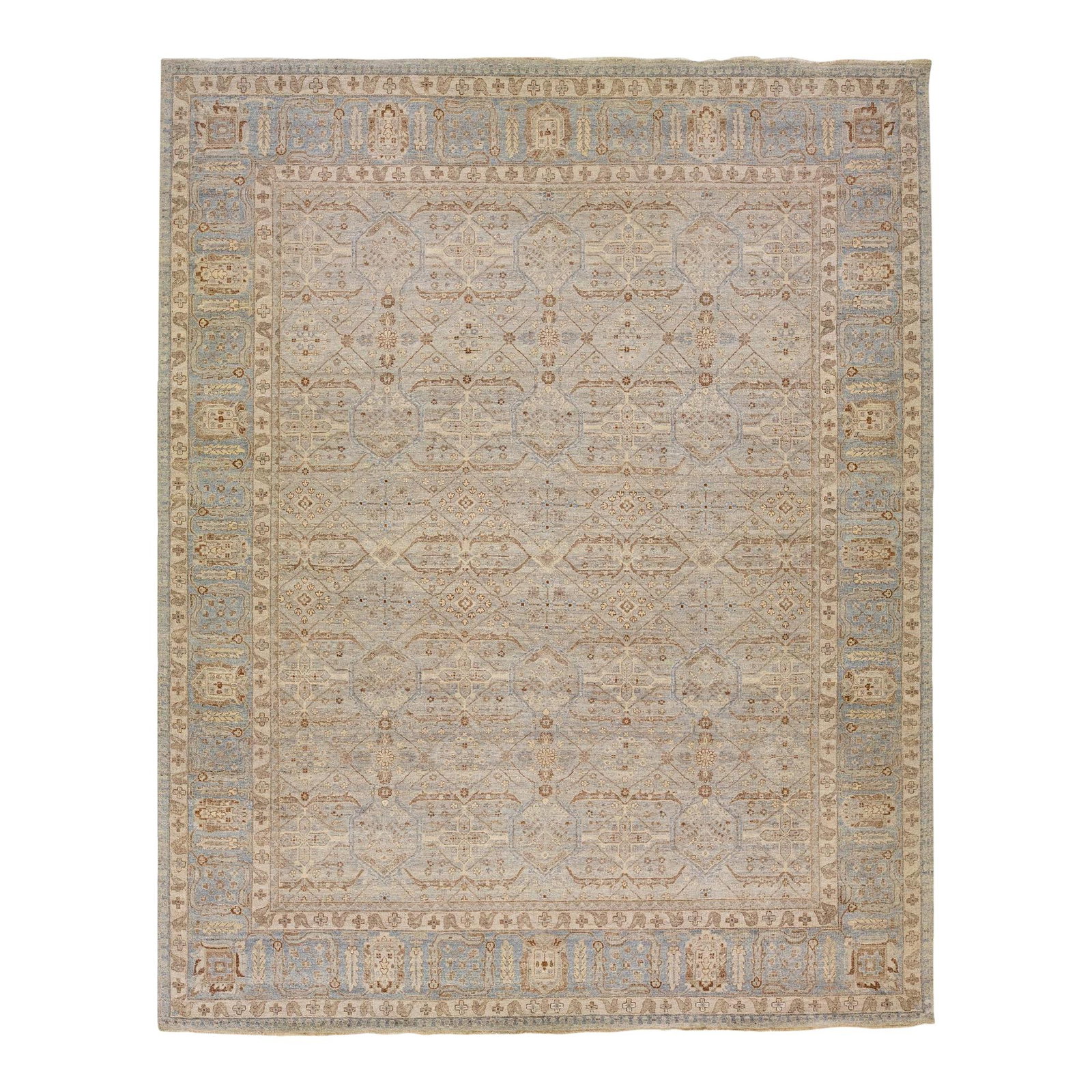 Oversized Blue Wool Geometric Rug 13' x 16'2": Oversized Blue Wool Geometric Rug 13' x 16'2" Transform your space with this stunning 2010s Oversize Modern Indian Handmade Geometric Blue Wool Rug from. Part of the Artisan Line, this rug reimagines 