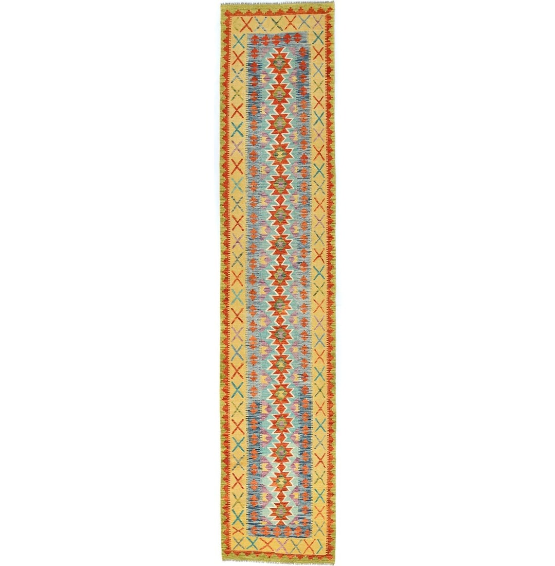 Hand-Woven Wool Kilim Runner Rug Modern Geometric Pattern 2'8 x 13'5: Hand-Woven Wool Kilim Runner Rug Modern Geometric Pattern 2'8 x 13'5 This geometric tribal flat-woven kilim runner rug features a modern multicolored design, hand-woven from wool. The rectangular rug 