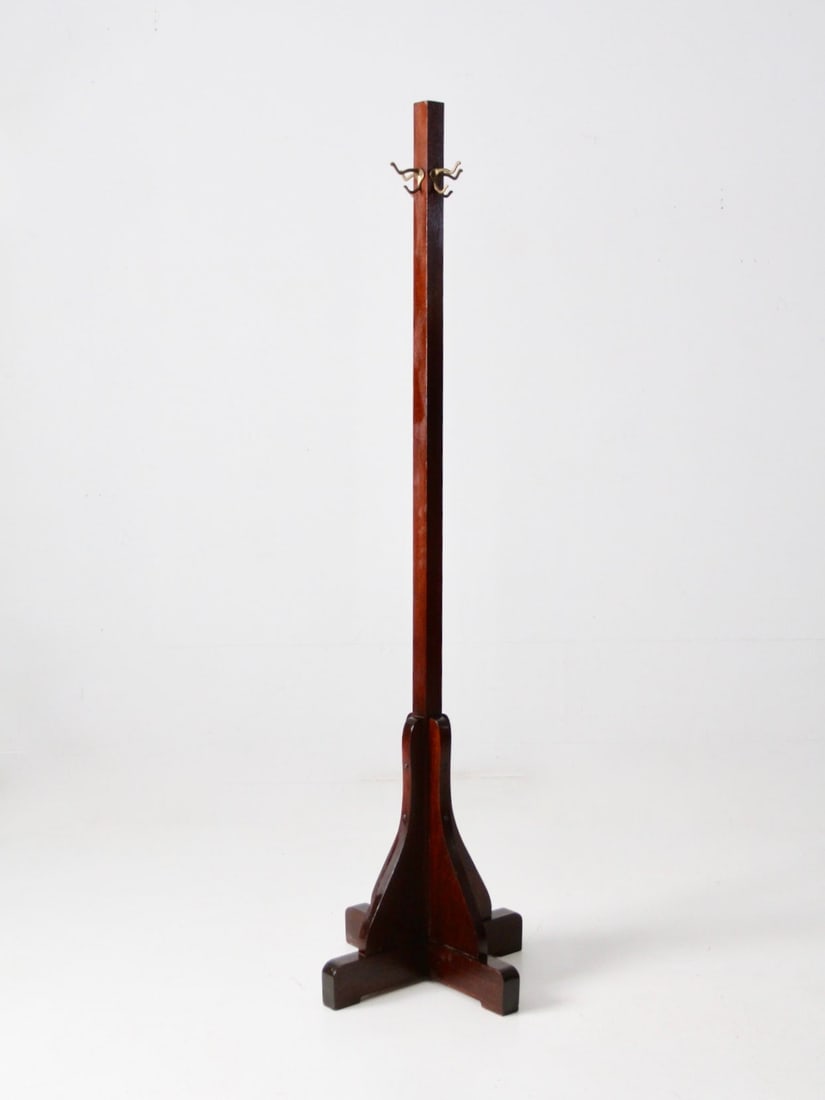 Arts & Crafts Antique Wooden Coat Rack with Brass Hooks 69" Height (1 of 6)
