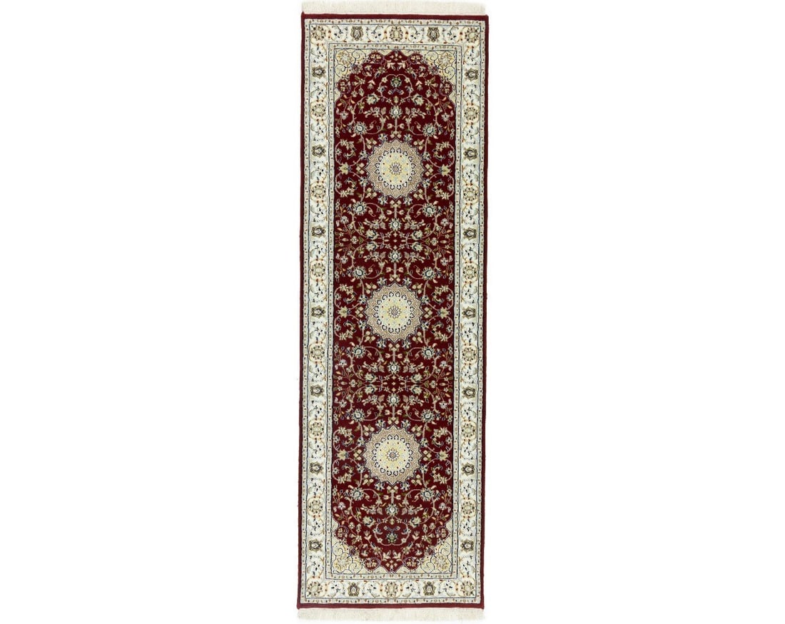 Wool and Silk Indo-Nain Floral Runner Rug 2'7 x 8'2 Hand-Knotted India: Wool and Silk Indo-Nain Floral Runner Rug 2'7 x 8'2 Hand-Knotted India This hand-knotted Indo-Nain runner rug features a classic floral design with a blend of red, cream, dark navy, buff, light gray, 
