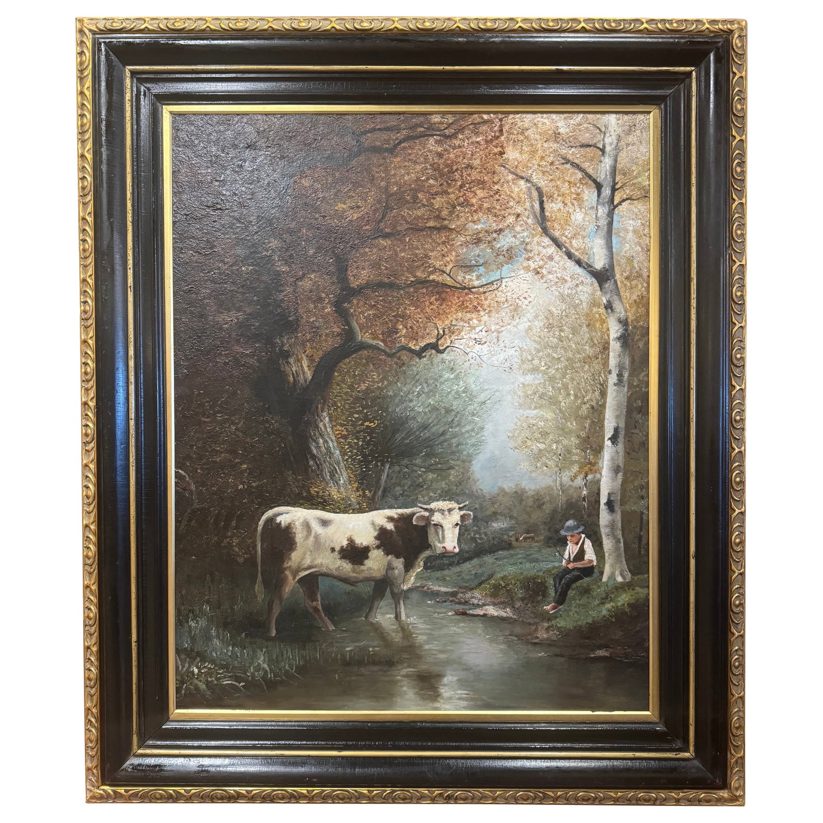 19th Century French Oil Painting Pastoral Scene with Cow in Gilt Frame: 19th Century French Oil Painting Pastoral Scene with Cow in Gilt Frame This exquisite 19th Century French oil on canvas painting features a serene pastoral scene, depicting a solitary cow by a gently 