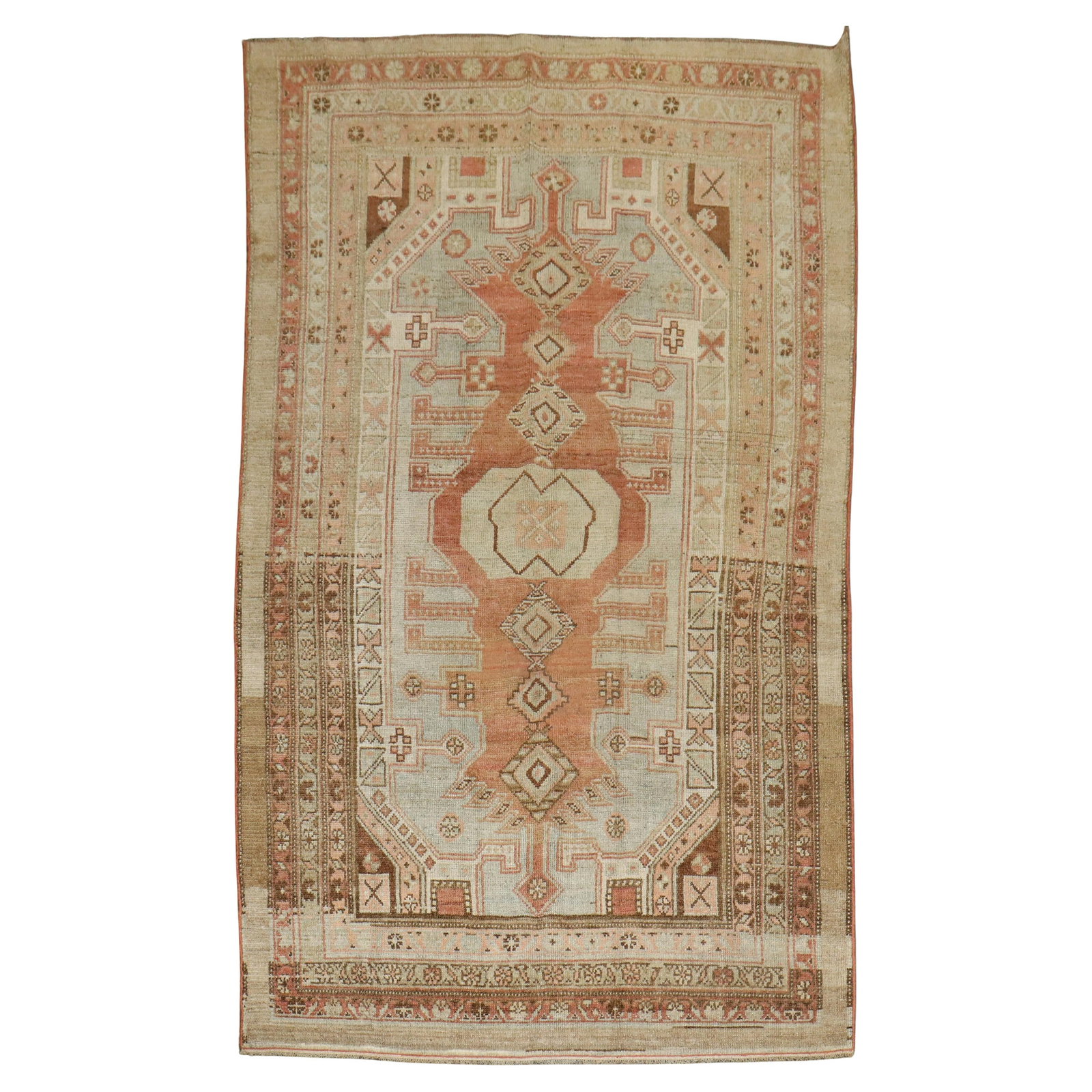 Early 20th Century Bakshaish Wool Rug 4'2 x 7' Geometric Hand-Knotted Accent: Early 20th Century Bakshaish Wool Rug 4'2 x 7' Geometric Hand-Knotted Accent This early 20th-century northwest Persian Serab rug features a soft camel field color with geometric Bakshaish-style patter
