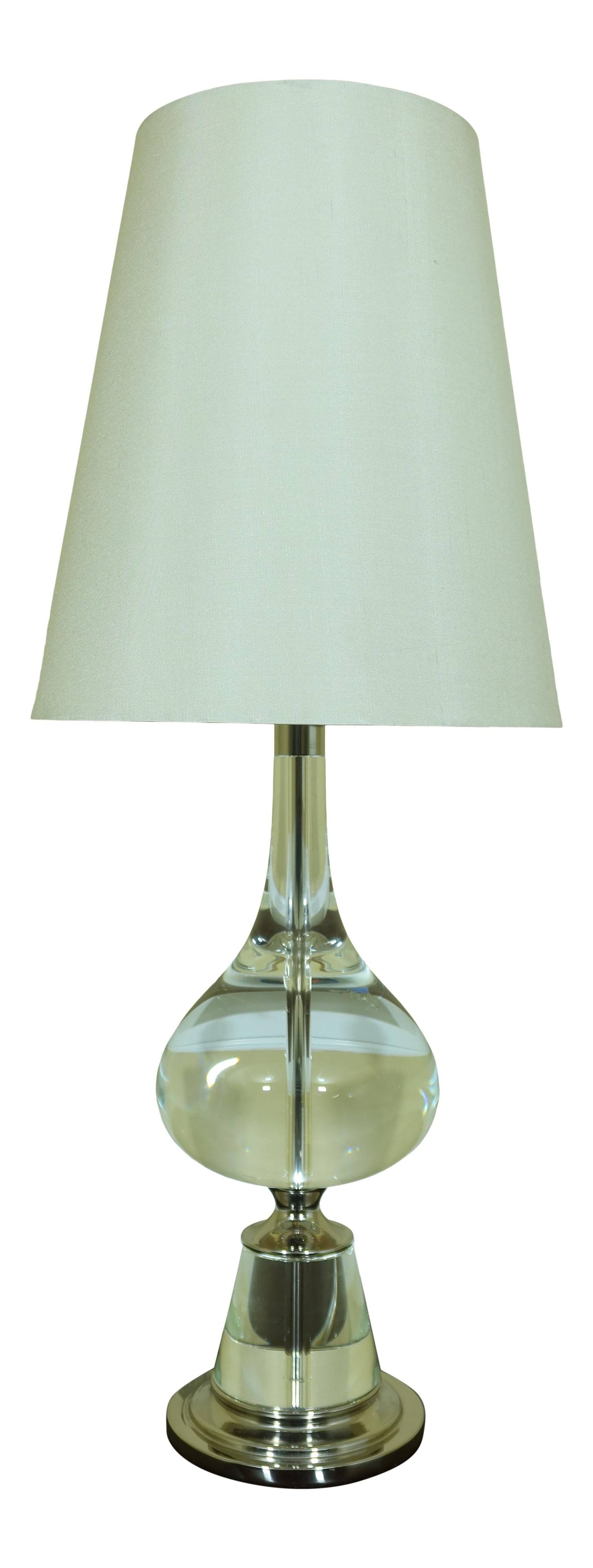 Modern Crystal Table Lamp with Chrome Base Possibly Ralph Lauren: Modern Crystal Table Lamp with Chrome Base Possibly Ralph Lauren Illuminate your space with this stunning Heavy Solid Crystal Modern Table Lamp. Featuring a high-quality construction with a sleek chro