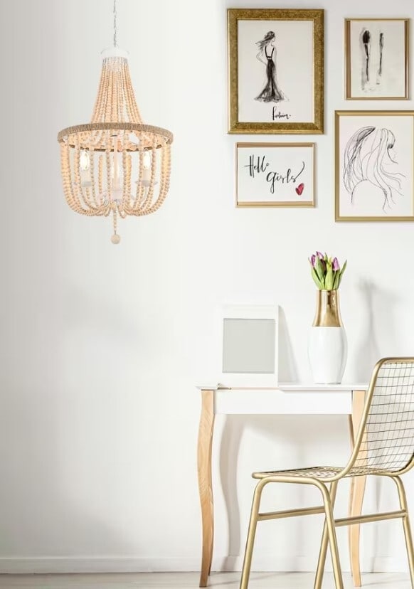Beige Wood Bead and Rope Pendant Chandelier by Living District 16 Inch 3 Light (1 of 9)
