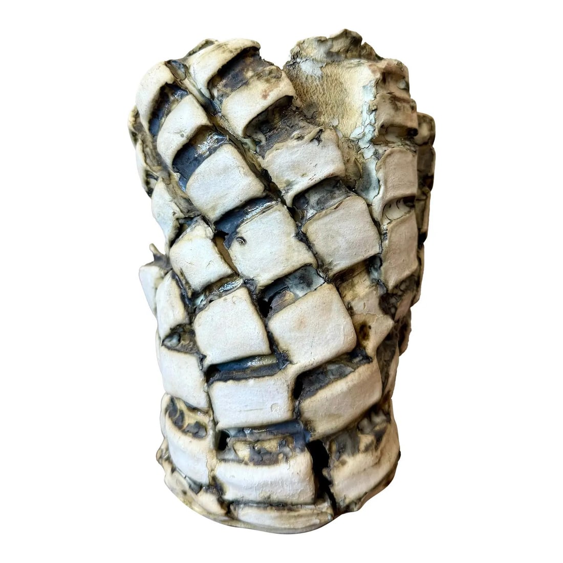 Ceramic Brutalist Studio Vessel Featuring Woven Relief Architectural Texture: Ceramic Brutalist Studio Vessel Featuring Woven Relief Architectural Texture This vintage Brutalist ceramic vessel features a bold architectural form with interwoven relief created from overlapping, h