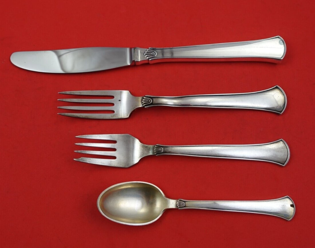 Hans Hansen Koldring Sterling Silver 4-Piece Dinner Setting: Hans Hansen Koldring Sterling Silver 4-Piece Dinner Setting Elevate your dining experience with this exquisite 4-piece dinner size place setting from the Koldring pattern, also known as Arvesolv #5, c