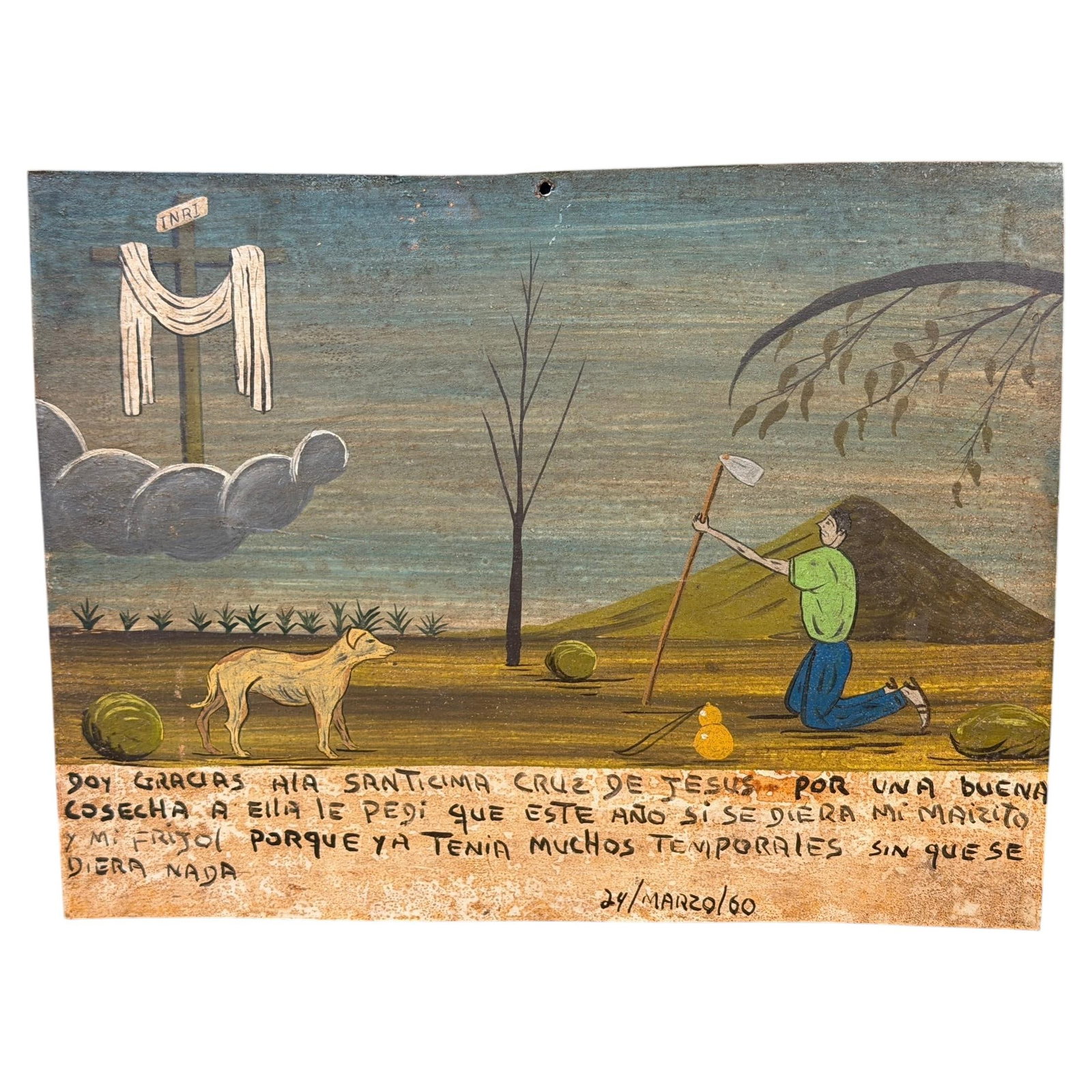 1960 Mexican Tin Ex-Voto Retablo Holy Cross Harvest Devotional Painting: 1960 Mexican Tin Ex-Voto Retablo Holy Cross Harvest Devotional Painting This Mexican ex-voto retablo painting, dated March 24, 1960, is crafted in oil on tin. It depicts a campesino kneeling in gratit