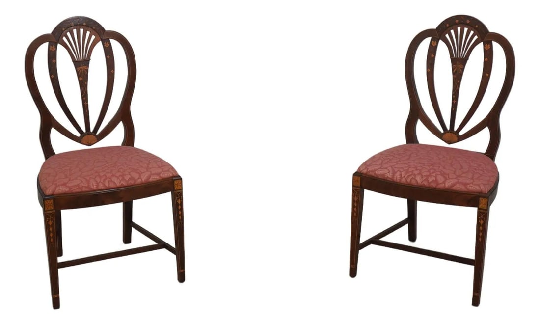 Set of Two Mahogany Shield Back Chairs with Inlay Federal Style Circa 1920s: Set of Two Mahogany Shield Back Chairs with Inlay Federal Style Circa 1920s This pair of vintage mahogany chairs features Federal style design with inlaid shield backs and elegant floral and ribbon mo