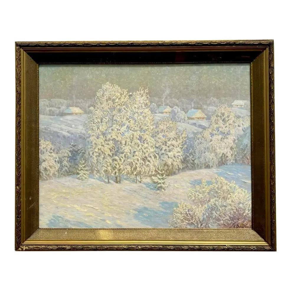 1983 Impressionist Winter Landscape Oil Painting in Ornate Gilded Frame: 1983 Impressionist Winter Landscape Oil Painting in Ornate Gilded Frame This original 1983 oil painting beautifully depicts a tranquil winter landscape with snow-covered birch trees and distant cottag
