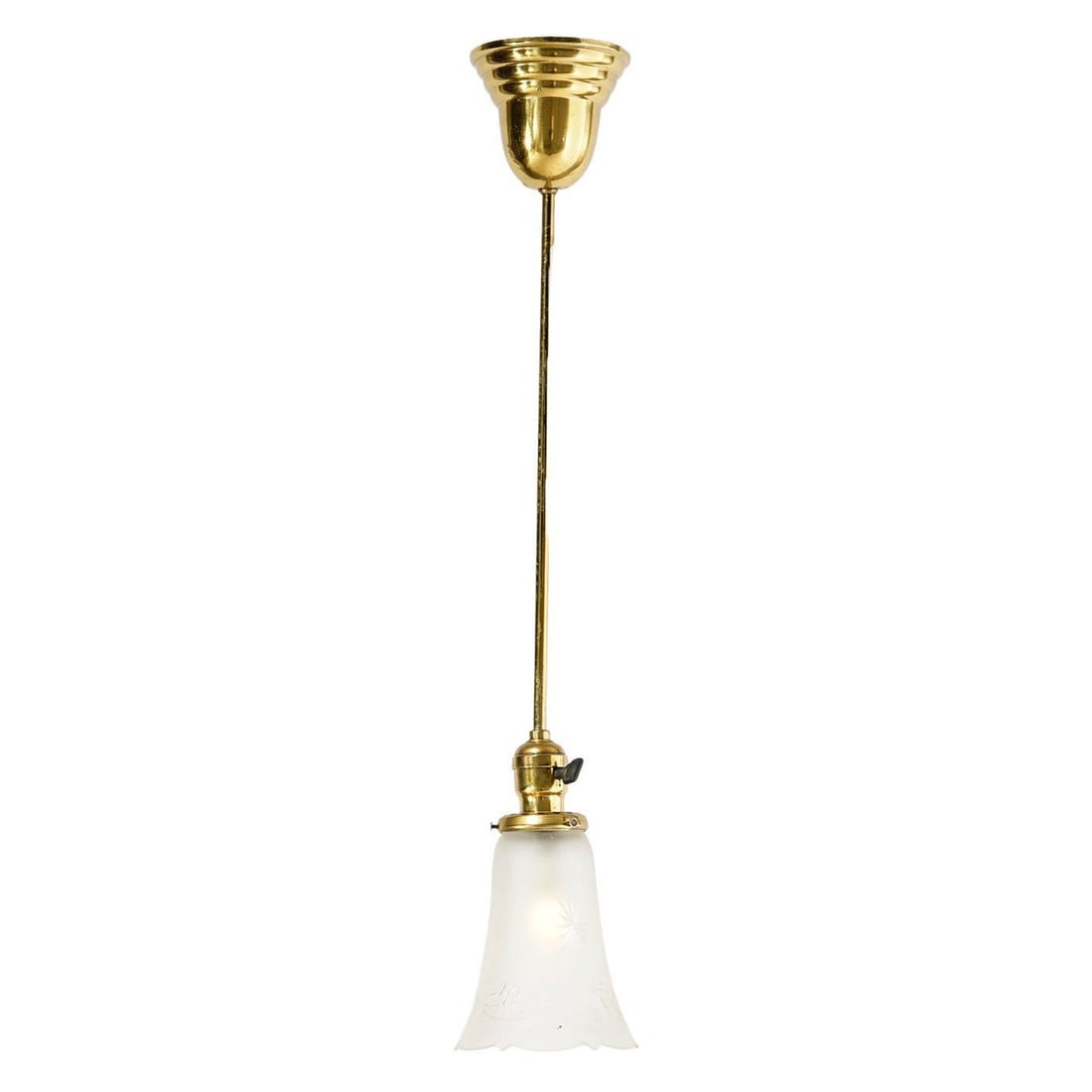 Vintage 1920 Antique Brass Hanging Hall Light Fixture with Floral Shade (1 of 9)