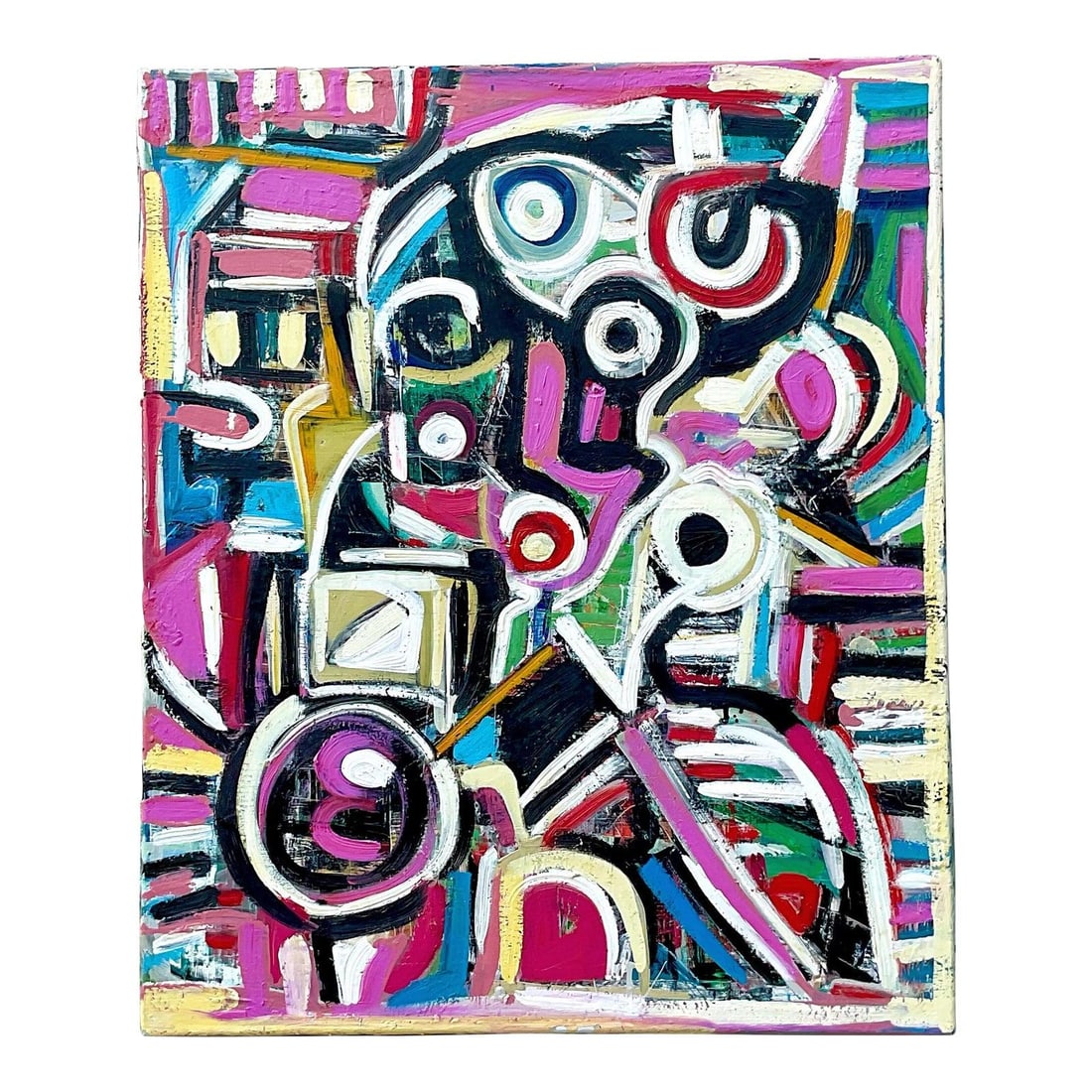 Terry J Frid Abstract Geometric Oil Painting on Canvas: Terry J Frid Abstract Geometric Oil Painting on Canvas This vintage oil on canvas by Terry J Frid features a vibrant geometric composition with bold pinks, greens, blues, and blacks forming dynamic ab