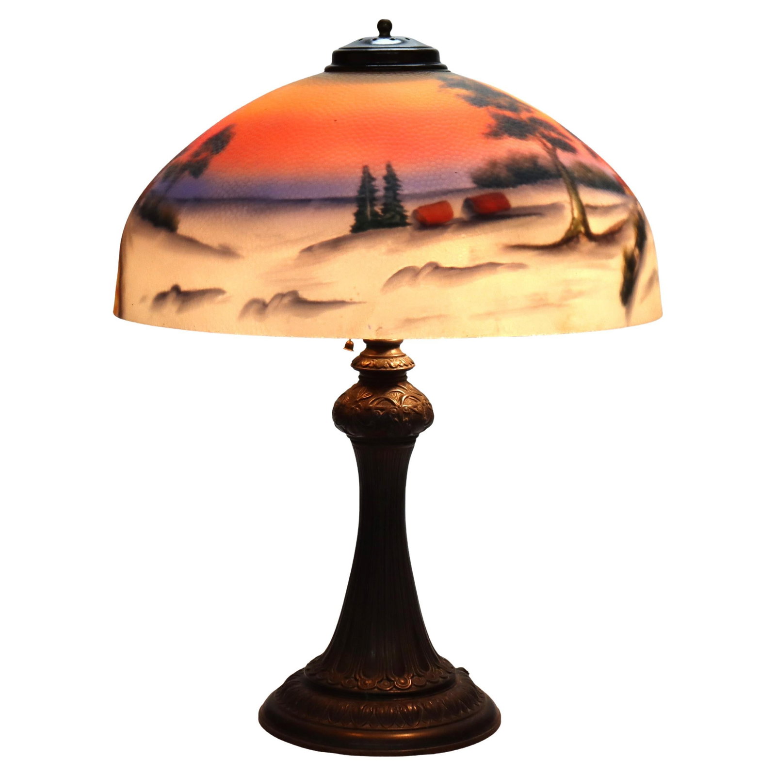 Reverse Painted Glass Table Lamp Winter Scene c1920 in Jefferson Style: Reverse Painted Glass Table Lamp Winter Scene c1920 in Jefferson Style This antique table lamp, crafted in the early 20th century in the manner of Jefferson, features a reverse painted glass shade dep