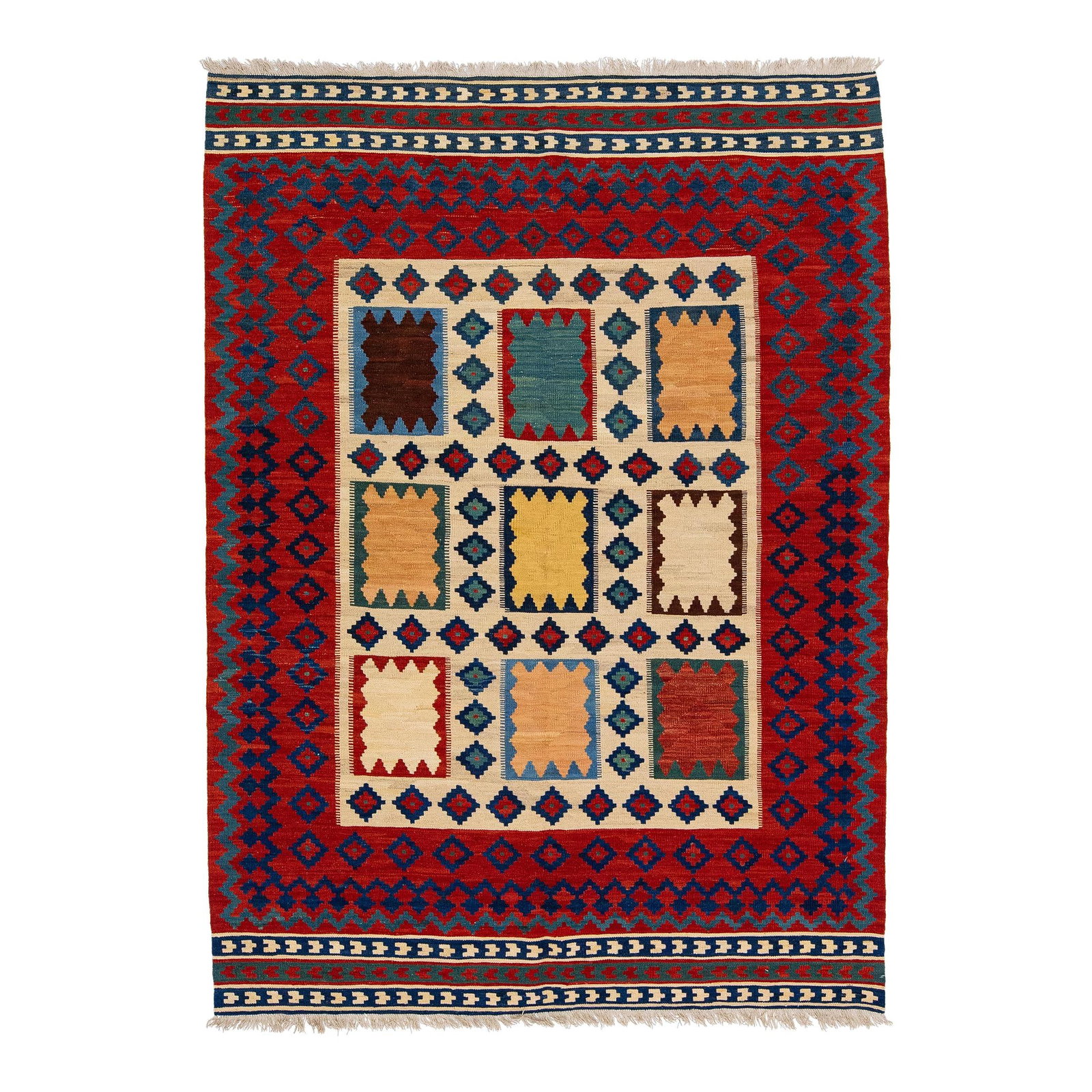 Handmade Multicolor Geometric Wool Rug 5'4 x 7'3 Modern Kilim: Handmade Multicolor Geometric Wool Rug 5'4 x 7'3 Modern Kilim Elevate your space with this stunning Modern Kilim handmade wool rug. Featuring a vibrant multicolor palette and an intricate all-over