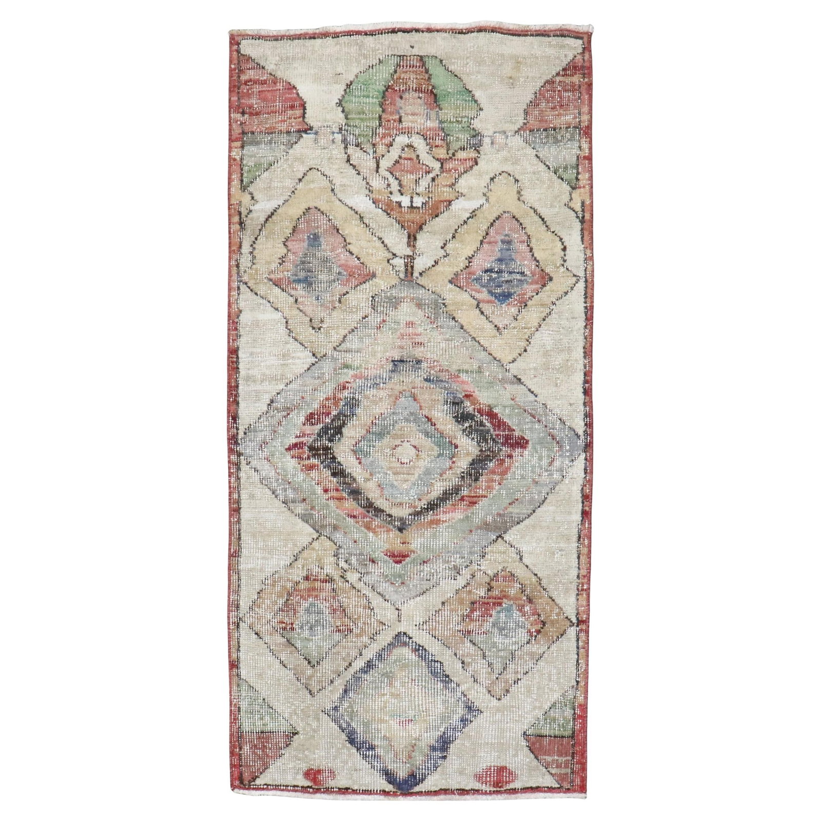 Mid-Century Turkish Anatolian Wool Geometric Rug 26 x 53 Inches: Mid-Century Turkish Anatolian Wool Geometric Rug 26 x 53 Inches This is an abstract geometric rug from mid-20th century Turkey, crafted in the Anatolian Deco style. The rug is hand-knotted from wool