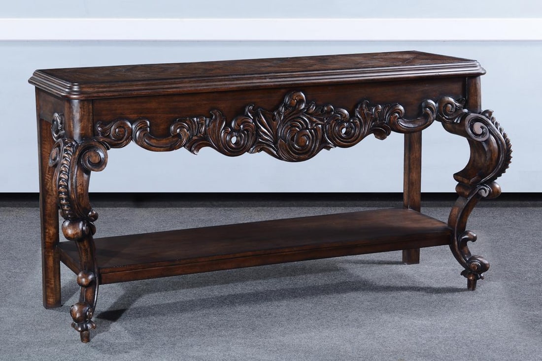 Baroque Rococo Console Table Distressed Walnut Solid Wood: Baroque Rococo Console Table Distressed Walnut Solid Wood This stunning Baroque Rococo Style console table is perfect for adding an elegant touch to your decor. Crafted from solid wood with a distress