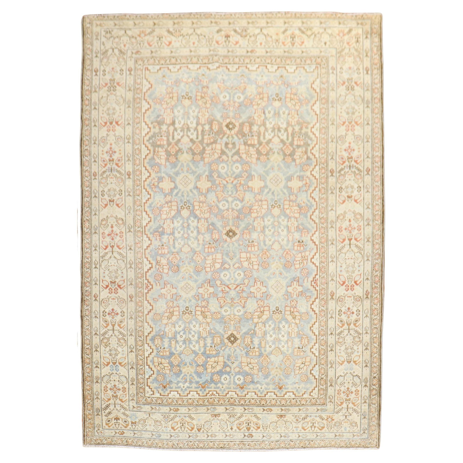 Rustic Hand-Knotted Light Blue Persian Malayer Rug 4'6 x 6'1: Rustic Hand-Knotted Light Blue Persian Malayer Rug 4'6 x 6'1 Discover the charm of this early 20th century Persian Malayer rug, beautifully crafted with a rustic style. This accent-sized rug features