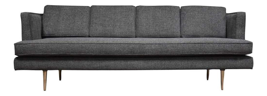 Edward Wormley Dunbar Mid Century Modern Grey Sofa Brass Legs: Edward Wormley Dunbar Mid Century Modern Grey Sofa Brass Legs This stunning mid-century modern sofa, designed by Edward Wormley for Dunbar, features a newly upholstered dark grey fabric that brings el