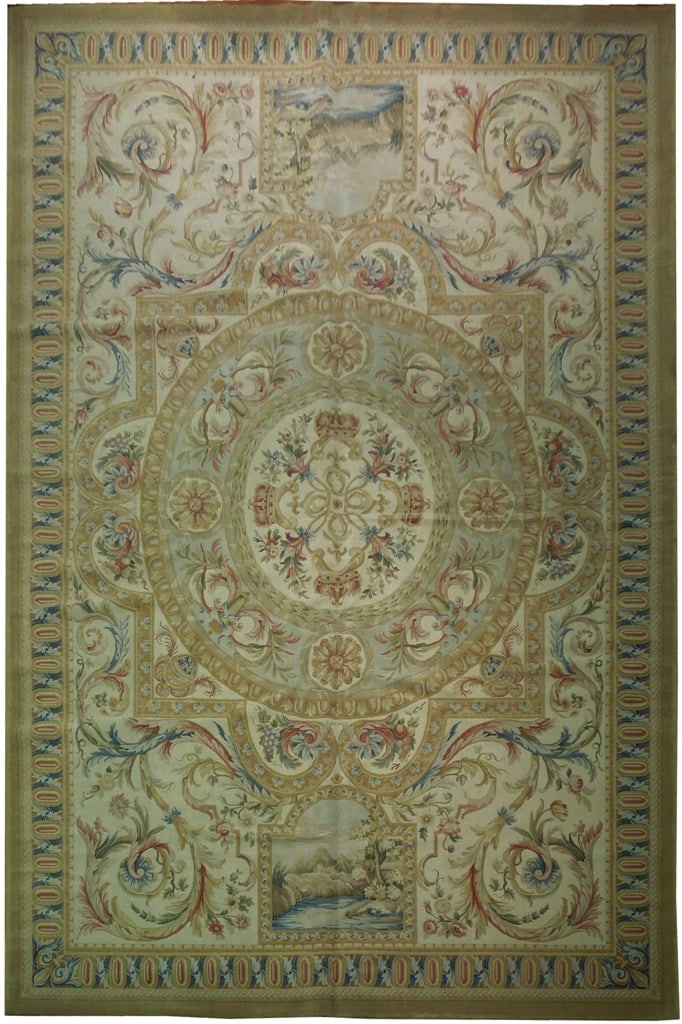 12 x 18 French Aubusson Flat Weave Tapestry Carpet Handmade Wool - Reproduction: 12 x 18 French Aubusson Flat Weave Tapestry Carpet Handmade Wool - Reproduction Free continental US Shipping This 12 x 18-foot French Aubusson carpet is a hand-woven, flat-weave tapestry crafted from 