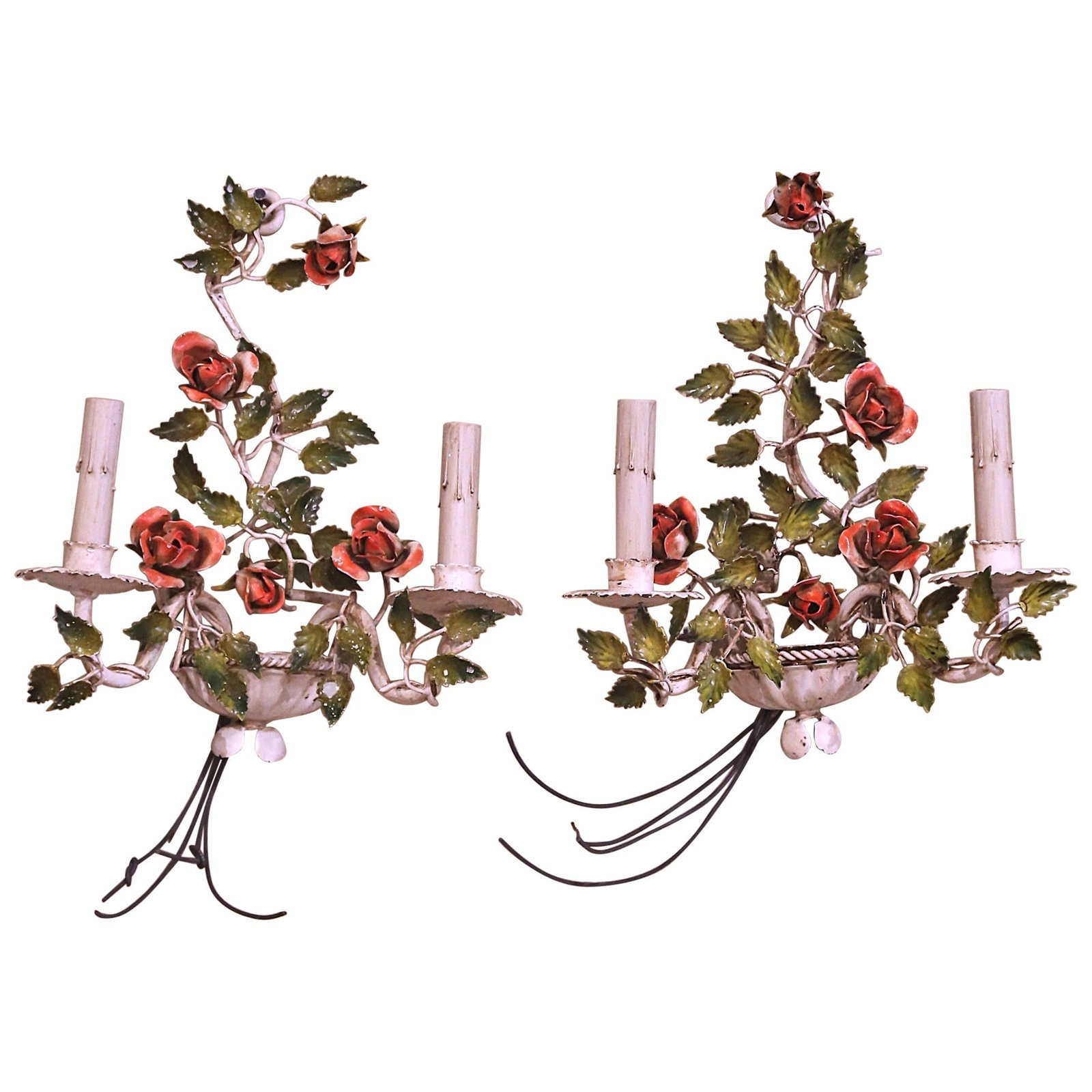 Set of 2 Early 20th Century French Hand-Painted Metal Rose Wall Sconces: Set of 2 Early 20th Century French Hand-Painted Metal Rose Wall Sconces Enhance your decor with this exquisite pair of early 20th century French painted metal roses and leaves wall sconces. These eleg
