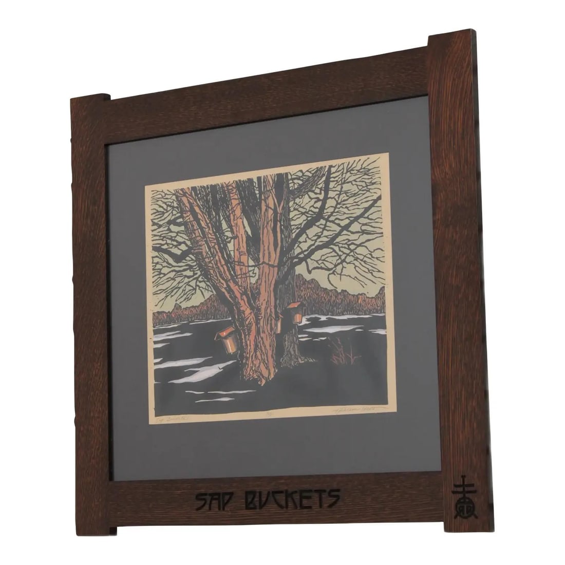 Arts and Crafts Oak Frame Print Signed by Kathleen West: Arts and Crafts Oak Frame Print Signed by Kathleen West This is a signed and numbered print titled "Sap Buckets" by Kathleen West, featuring an Arts & Crafts style. The artwork is presented in a high-