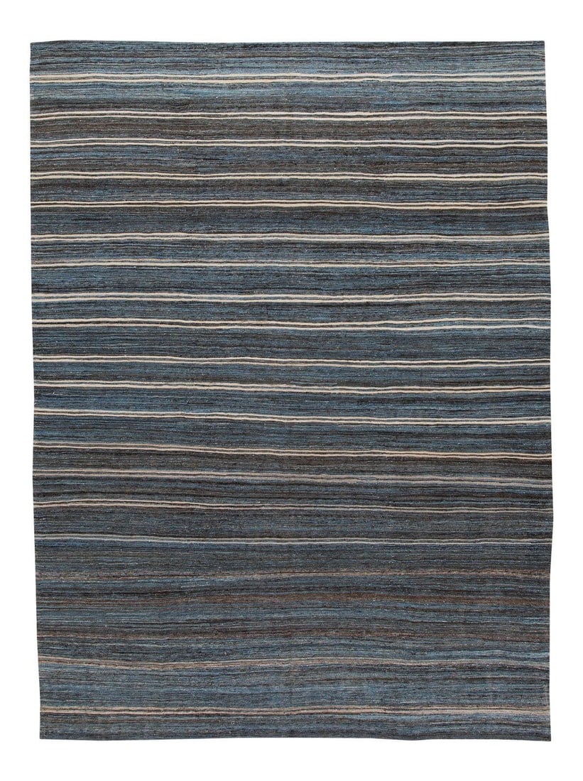 Modern Geometric Stripe Handmade Wool Rug 8'8 x 11'7: Modern Geometric Stripe Handmade Wool Rug 8'8 x 11'7 Enhance your living space with this exquisite modern flat-weave Kilim handmade wool rug. Featuring a stunning all-over geometric stripe design in a