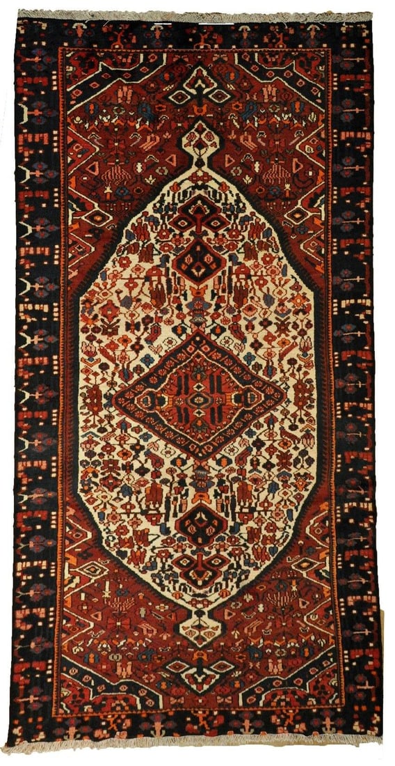 Elegant 4.5 x 8.8 Beige Handmade Persian Hamadan Rug: Elegant 4.5 x 8.8 Beige Handmade Persian Hamadan Rug Free continental US Shipping Introducing the stunning 4.5 x 8.8 Beige Semi-Antique Persian Hamadan Rug, a masterpiece that showcases the rich herit