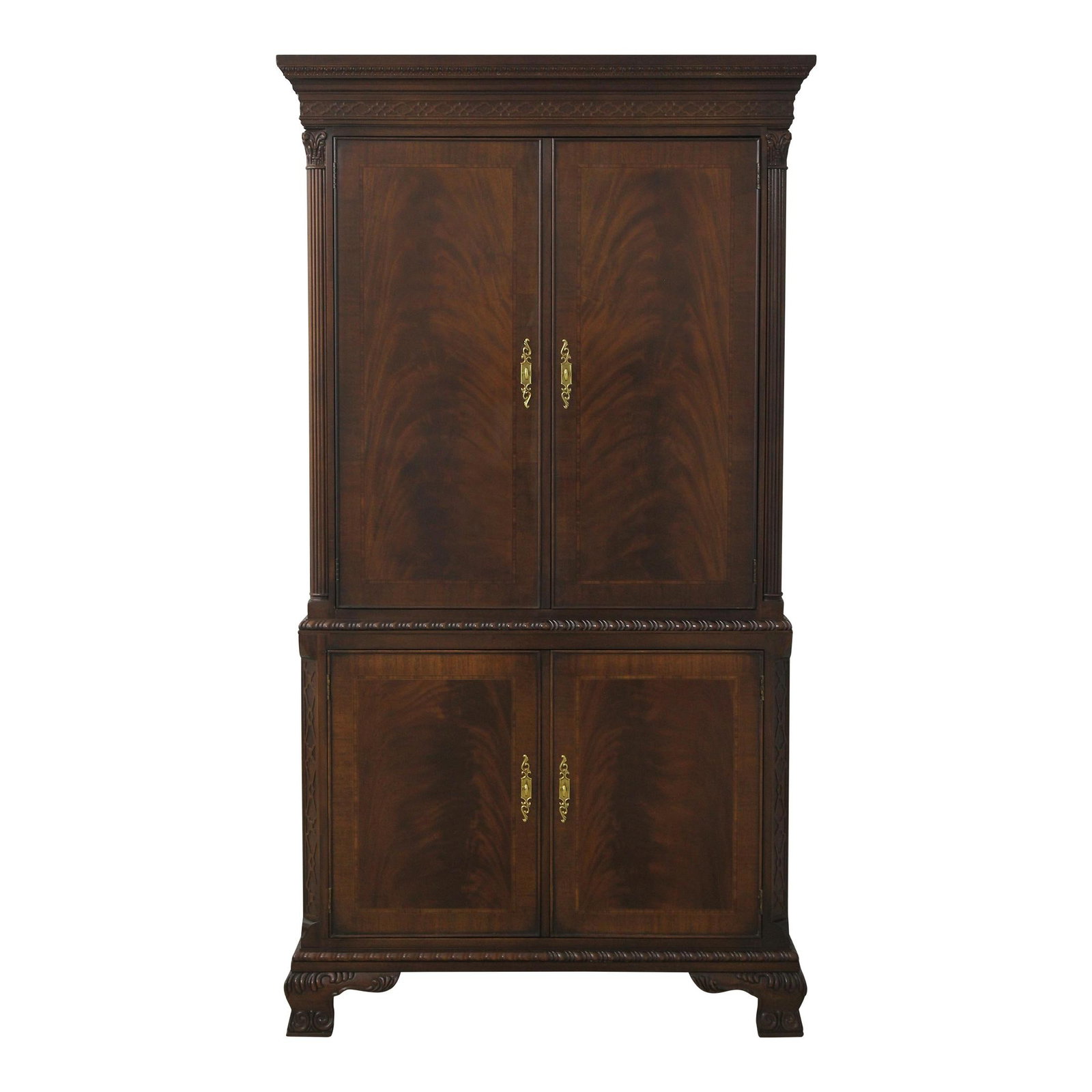 Chippendale Mahogany 4-Door TV Cabinet with Carved Details: Chippendale Mahogany 4-Door TV Cabinet with Carved Details This exquisite Chippendale-style TV entertainment cabinet is crafted from beautiful mahogany, showcasing intricate carved details that reflec