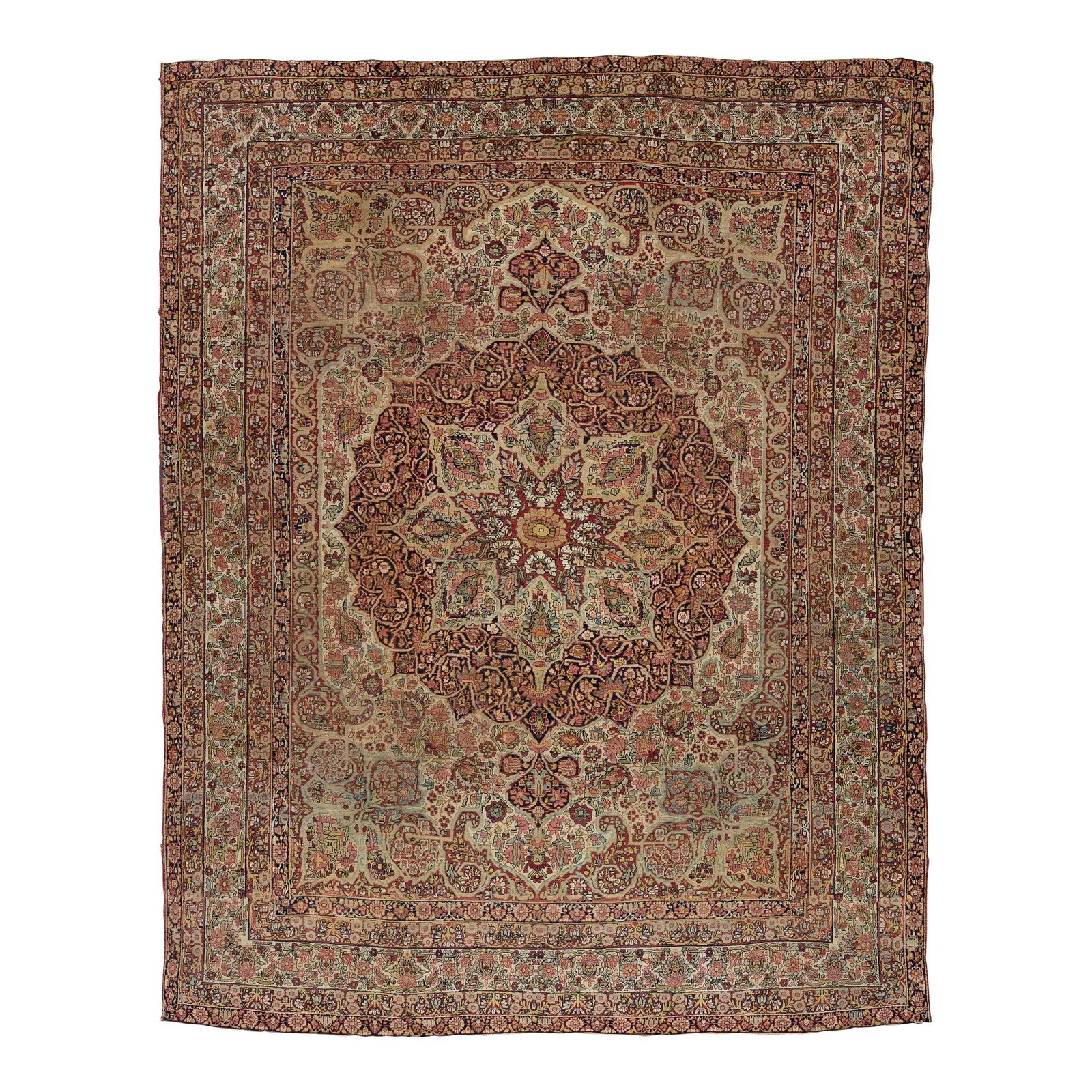 Handmade Antique Persian Kerman Wool Rug with Rosette Design 9'10 x 12'8: Handmade Antique Persian Kerman Wool Rug with Rosette Design 9'10 x 12'8 This exquisite, hand-knotted Antique Persian Kerman rug features a stunning rosette motif, adding a touch of elegance to any sp