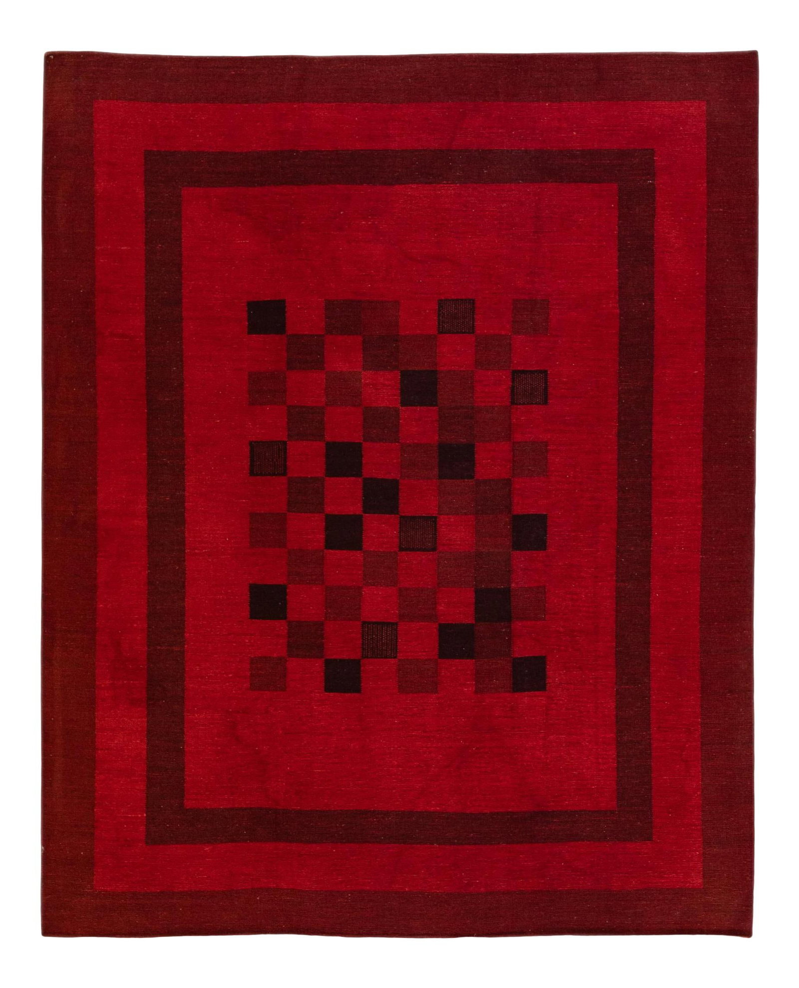 Modern Kilim Flatweave Red Wool Rug 9'4 x 11'5 Chess Pattern: Modern Kilim Flatweave Red Wool Rug 9'4 x 11'5 Chess Pattern Enhance your space with this stunning Modern Kilim Flatweave Rug, featuring a vibrant red field adorned with an intricate chess pattern. Cr