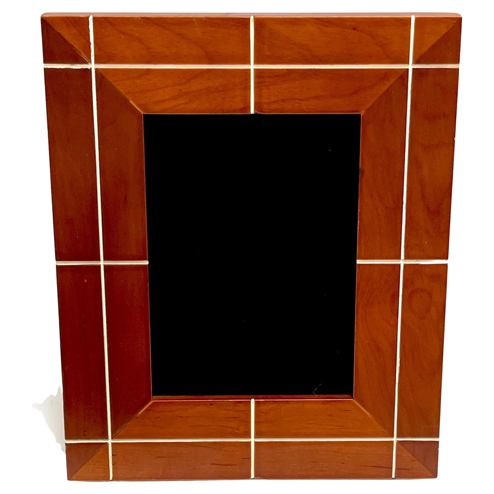 Modern French Walnut Photo Frame with Engraved Architectural Enamel Grid Design: Modern French Walnut Photo Frame with Engraved Architectural Enamel Grid Design This French modern frame features engraved walnut wood with an architectural design and a white enamel grid pattern. Cra