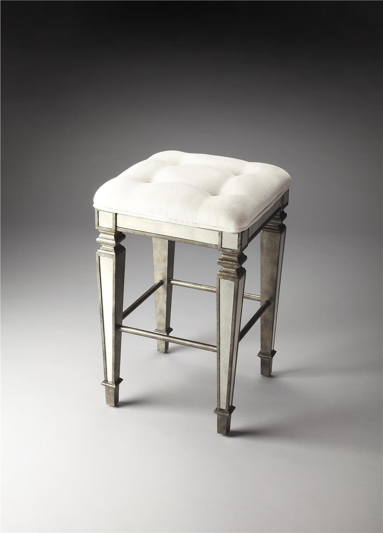 Butler Celeste Modern Silver Bar Stool 30H Square Design: Butler Celeste Modern Silver Bar Stool 30H Square Design Introducing the Celeste Silver Bar Stool, a stunning blend of modern elegance and vintage charm. This square-shaped bar stool is designed to en